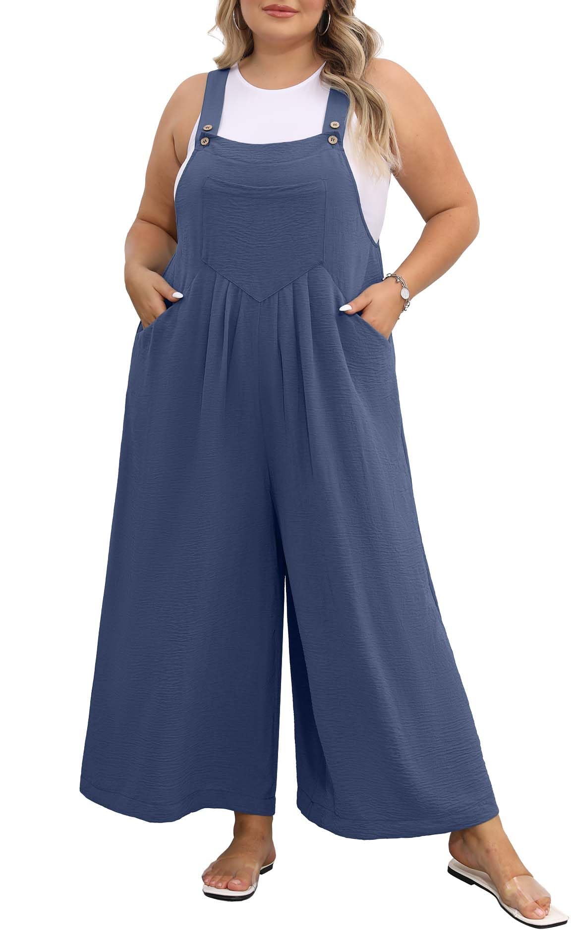 OLRIK Plus Size Jumpsuit for Women Wide Leg Adjustable Straps Overalls Loose Fit Romper with Pockets Spring Summer