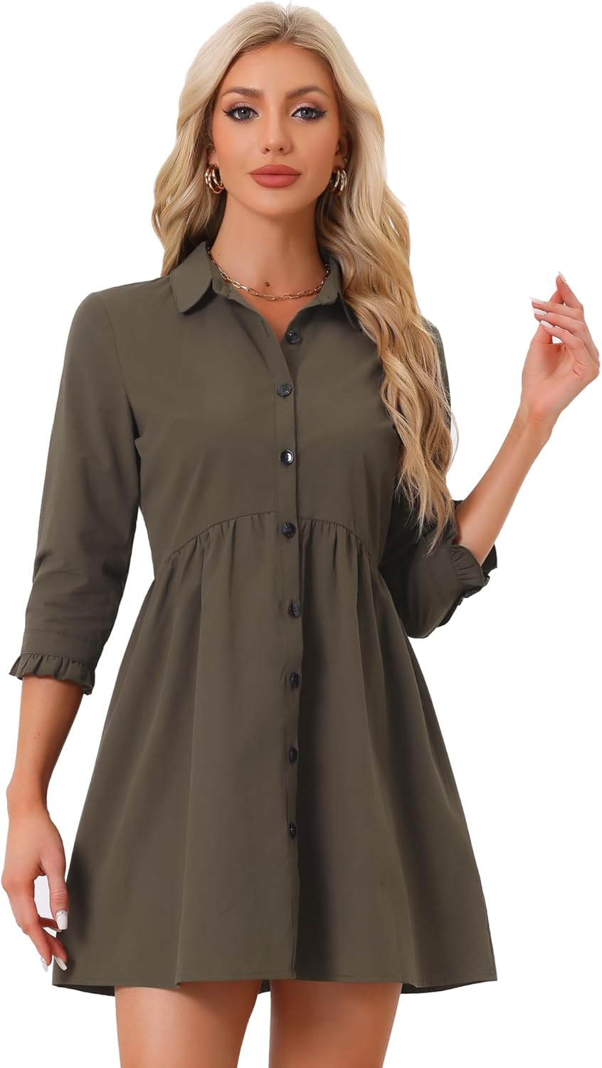 Allegra K Women's Shirt Dress Button Down 3/4 Sleeve School Work Mini Casual Shirtdresses