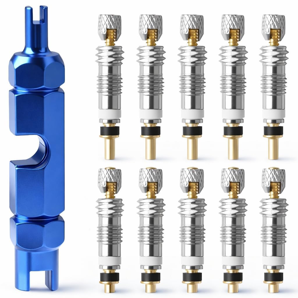 10pcs Presta Valve Core Set with Removal Tool, Brass Tubeless Presta Valve Cores for Road and MTB Bike Tires, Universal Replacement Kit with Valve Core Remover, Airtight Durable Easy to Install