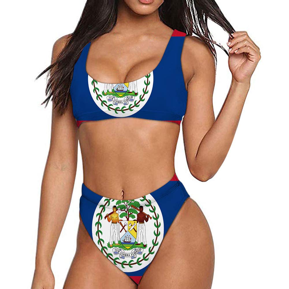 PrelerDIYBelize Flag Bikini Sets Two Piece Swimsuit Low Scoop Crop Top High Waisted Cheeky Bottoms Women