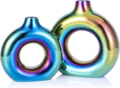 Juego de 2 jarrones con forma de dona para decoración de jarrón azul, jarrón circular hueco, moderno jarrón de cerámica brillante para entrada, sala