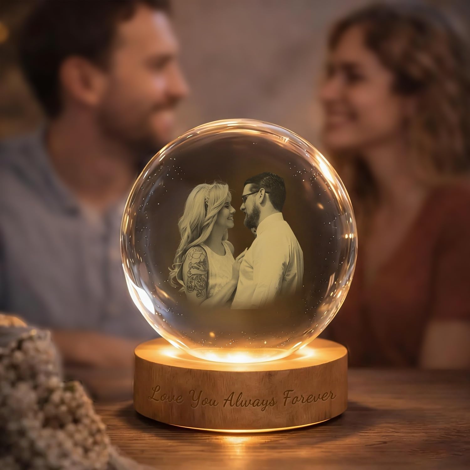 Art Lunic One Color Personalized Photo 3D Crystal Ball Lamp, Engraved Wooden Base Led Night Light, Romantic Anniversary Home Decor, Keepsake Gift For Couples, Mothers Day(6Cm)