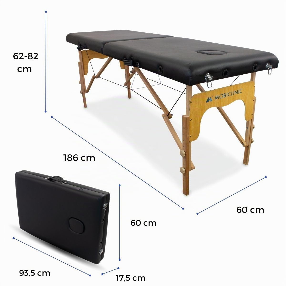 Mobiclinic®, Table de Massage Pliante, Portable, CM-01 Basic, 180x60 cm, Bois et Similicuir, 2 Zonas, Marque Européenne, Hauteur Réglable, Système Verrouillage, Supporte 150 kg