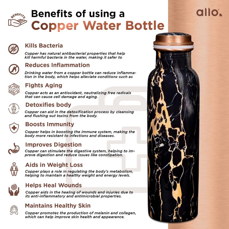 Image of Allo Pure Copper Water Bottle 1 Litre Copper Bottle | Alkaline and Anti Oxidant | 100% Leak Proof, Office, Gym Bottle, Modern Tamba Bottle for Adults, Best Gift for Diwali (Black Natural Marble)