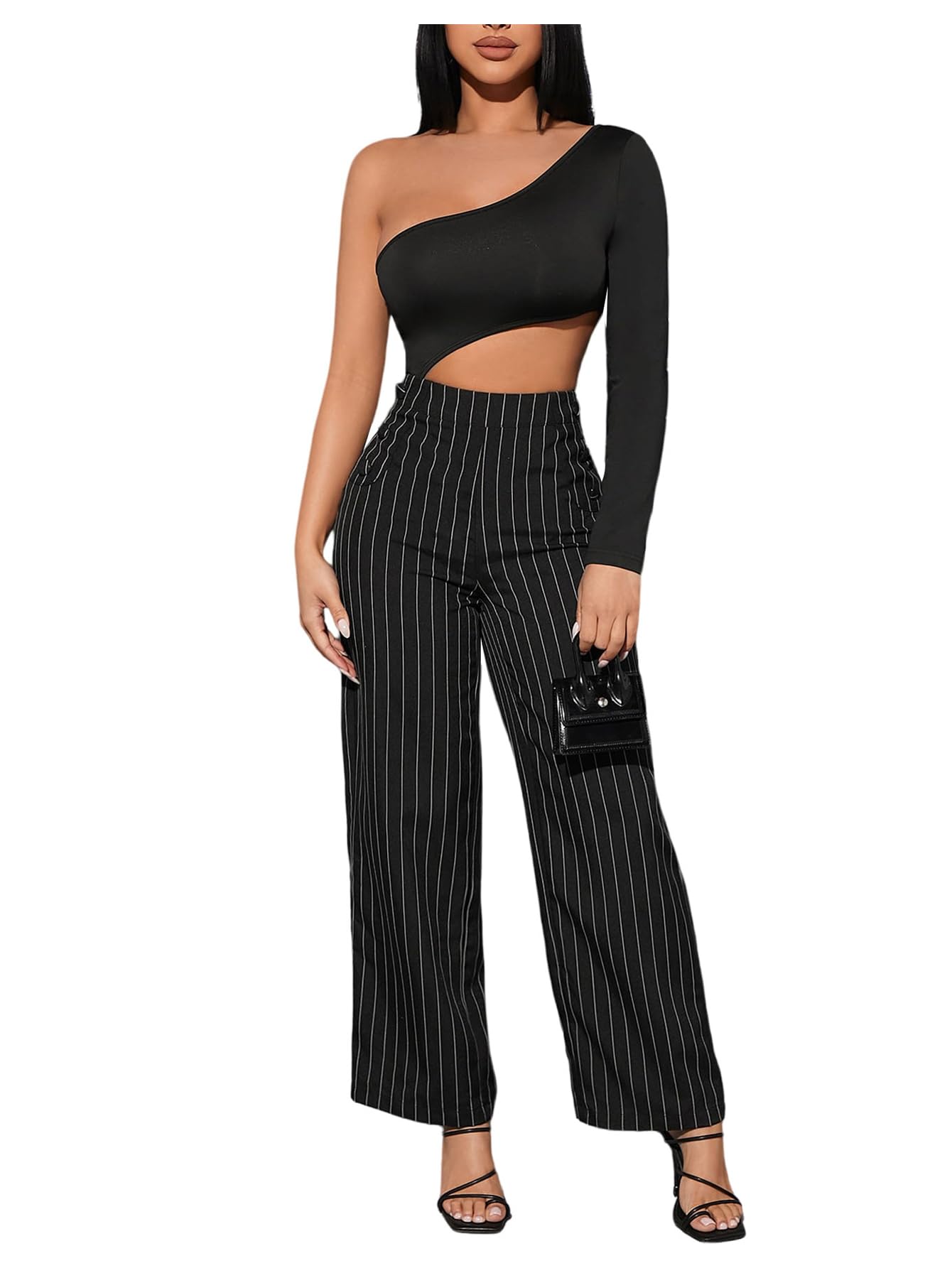 Floerns Womens Pinstripe Business Work Dress Pants High Waisted Wide Leg Office Casual Slacks Trousers