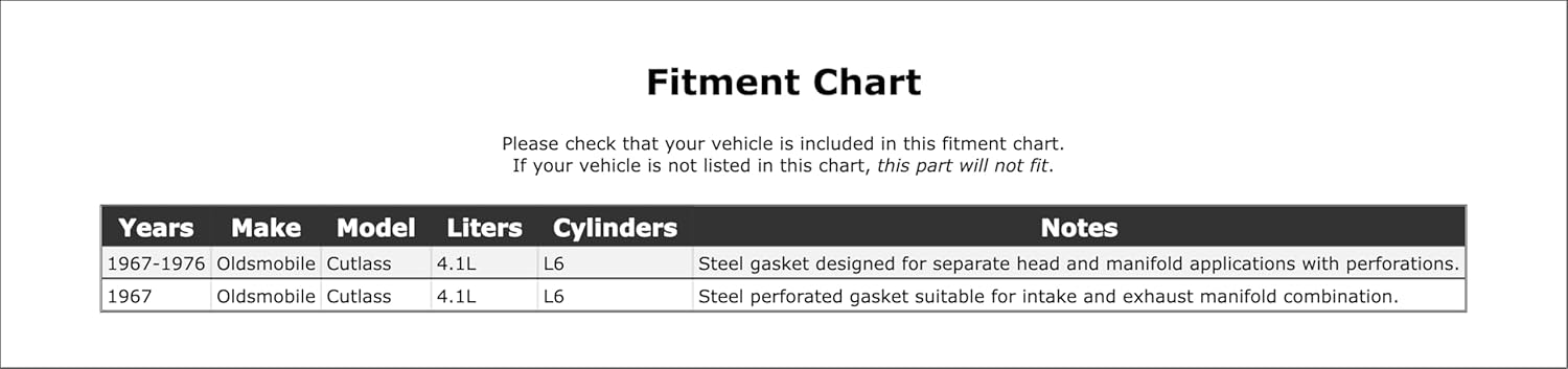 Intake and Exhaust Manifolds Combination Gasket Compatible With Oldsmobile Cutlass 4.1L L6 1976 1975 1971 1970 1969 1968 1967 P-3347780