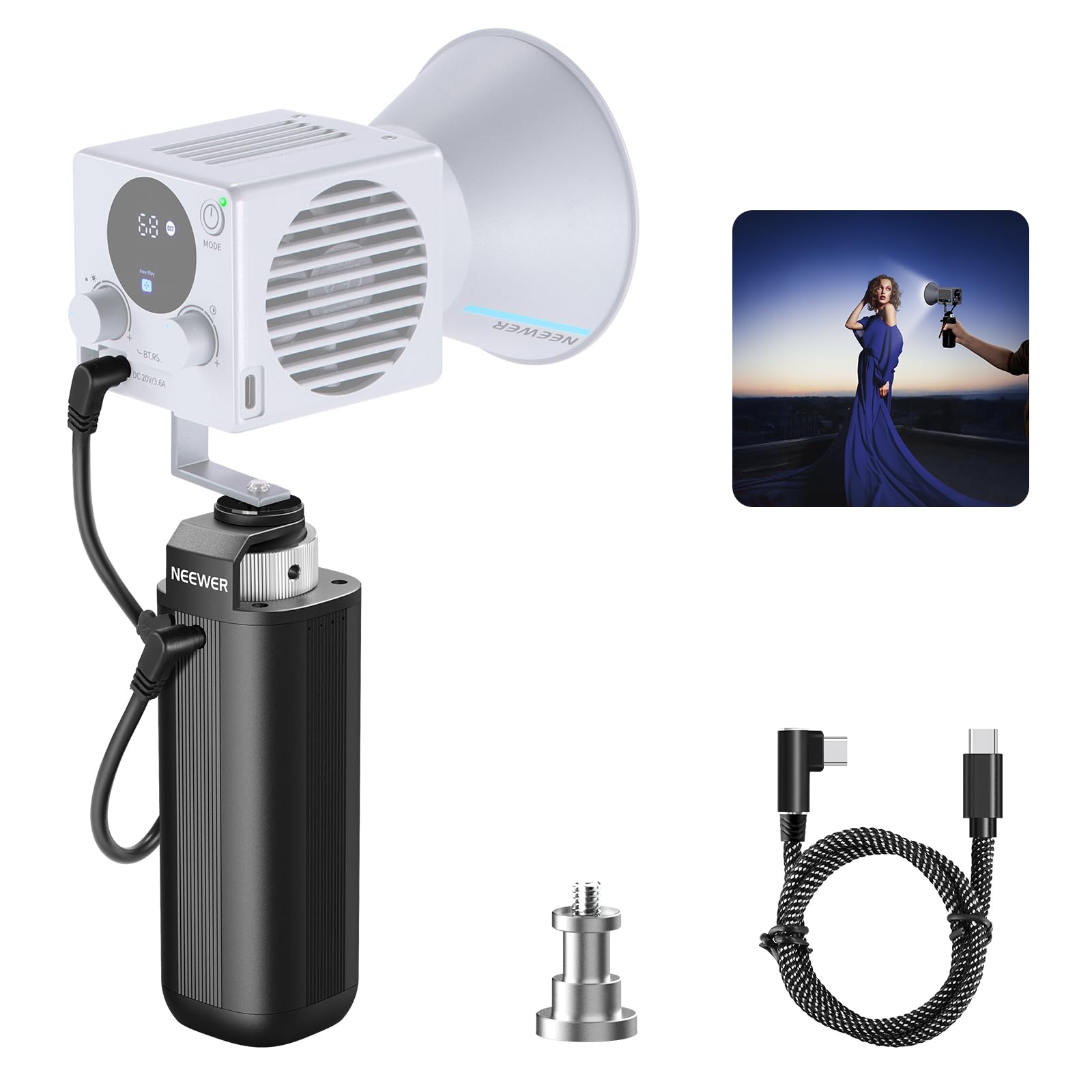 NEEWER BASICS Battery Grip Power Supply for Portable COB Video Light HS60B, 5000mAh 74Wh 100W PD Fast Charging 14.8V/10A DC Output, Handheld