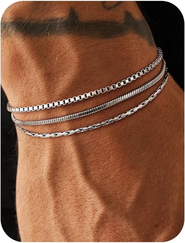 Mens Silver Bracelet Set, 3PCS Dainty Stainless Steel Chain Bracelets for Men, Adju...