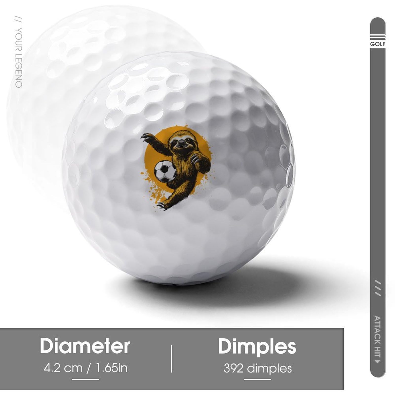 Sloth Soccer Player Personalized Golf Balls Funny Long Distance Practice Golf Ball for Men Women Backyard