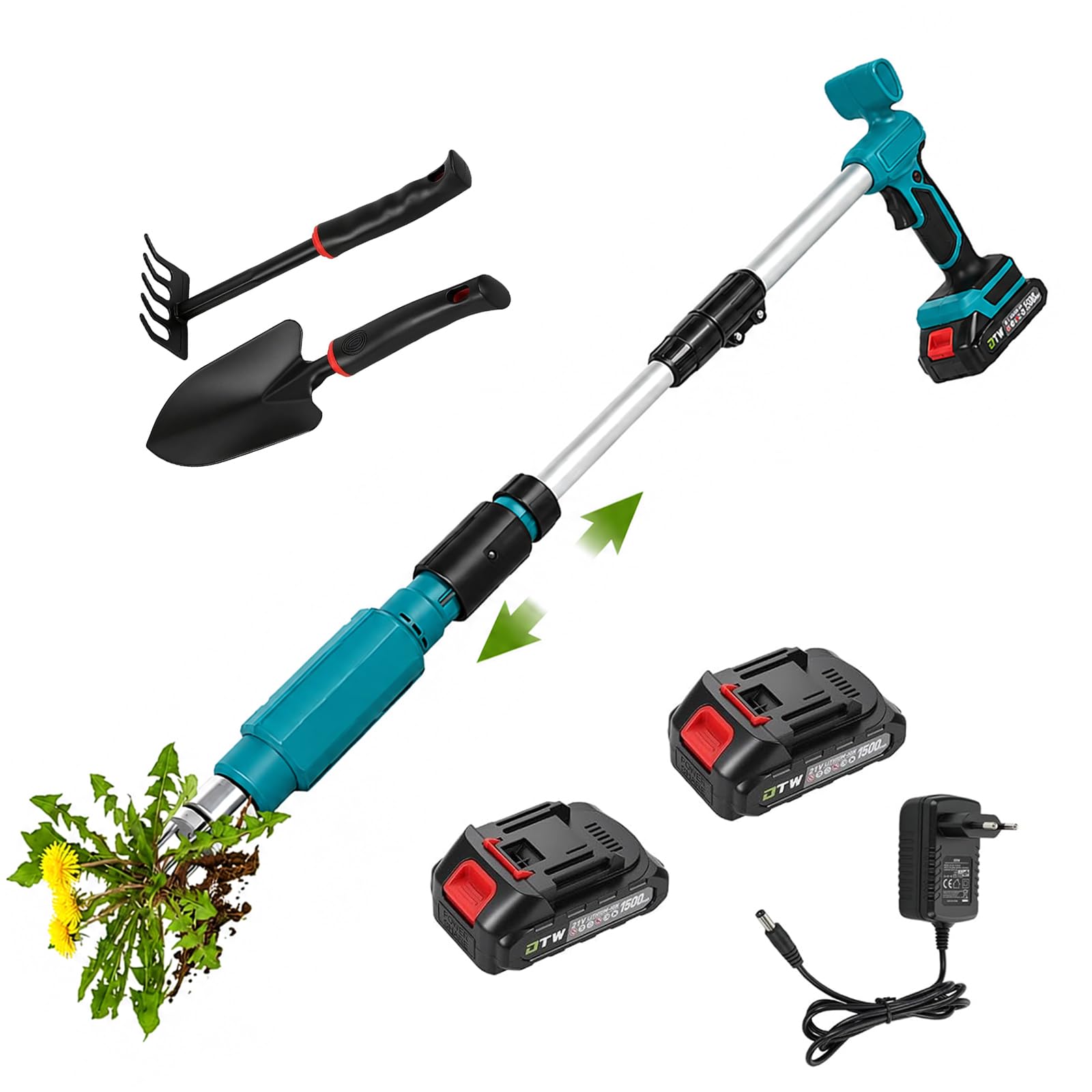 Elektrische Unkrautstecher mit Zwei Batterien, Schnurloses Stand Up Unkrautentferner mit Verstellbarem Griff, 3 Stahlkrallen, Schaufel + Fünfzinkiger Rechen, Unkrautstecher Löwenzahn für Garten
