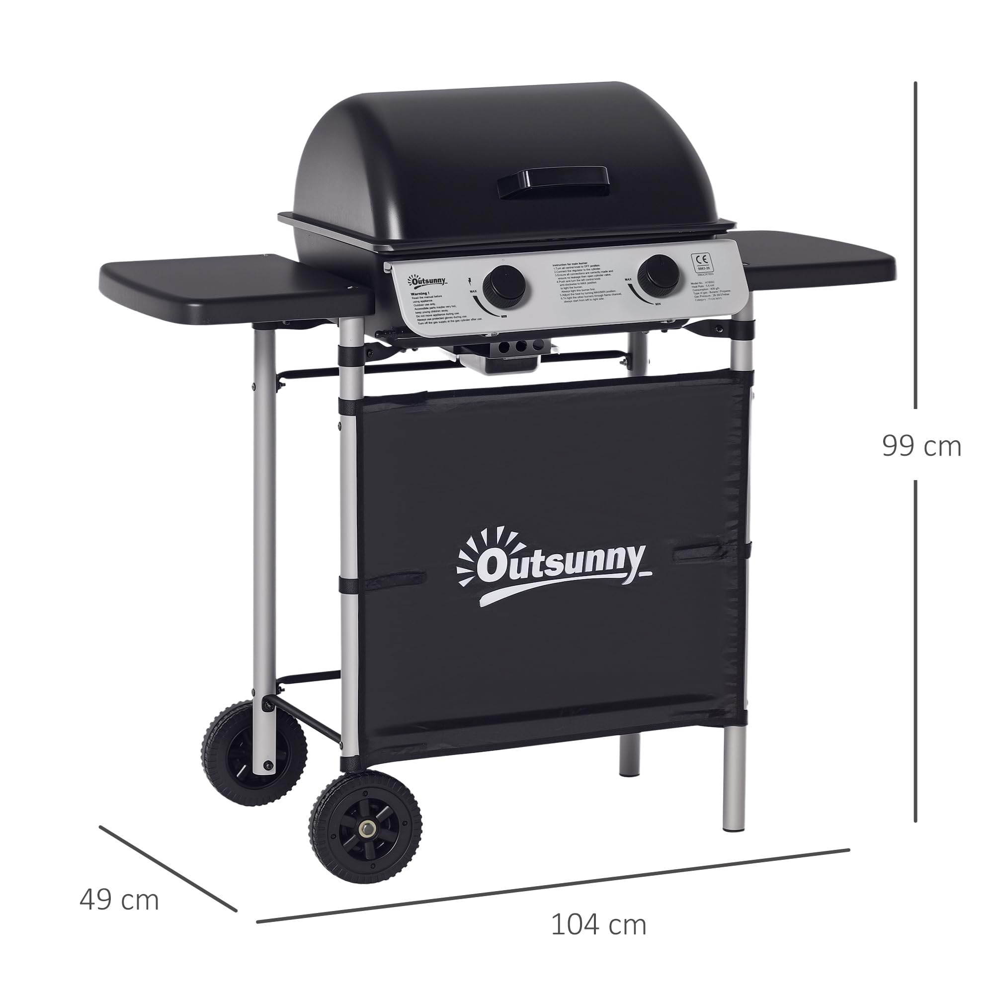 Outsunny Barbecue Gaz 2 Brûleurs en Acier Inoxydable, Puissance 2,8 kW, Barbecue de Jardin, 2 Grilles en Chromé, 2 Étagères Latérales, 2 Roues, pour Camping, Balcon et Terrasse, Noir
