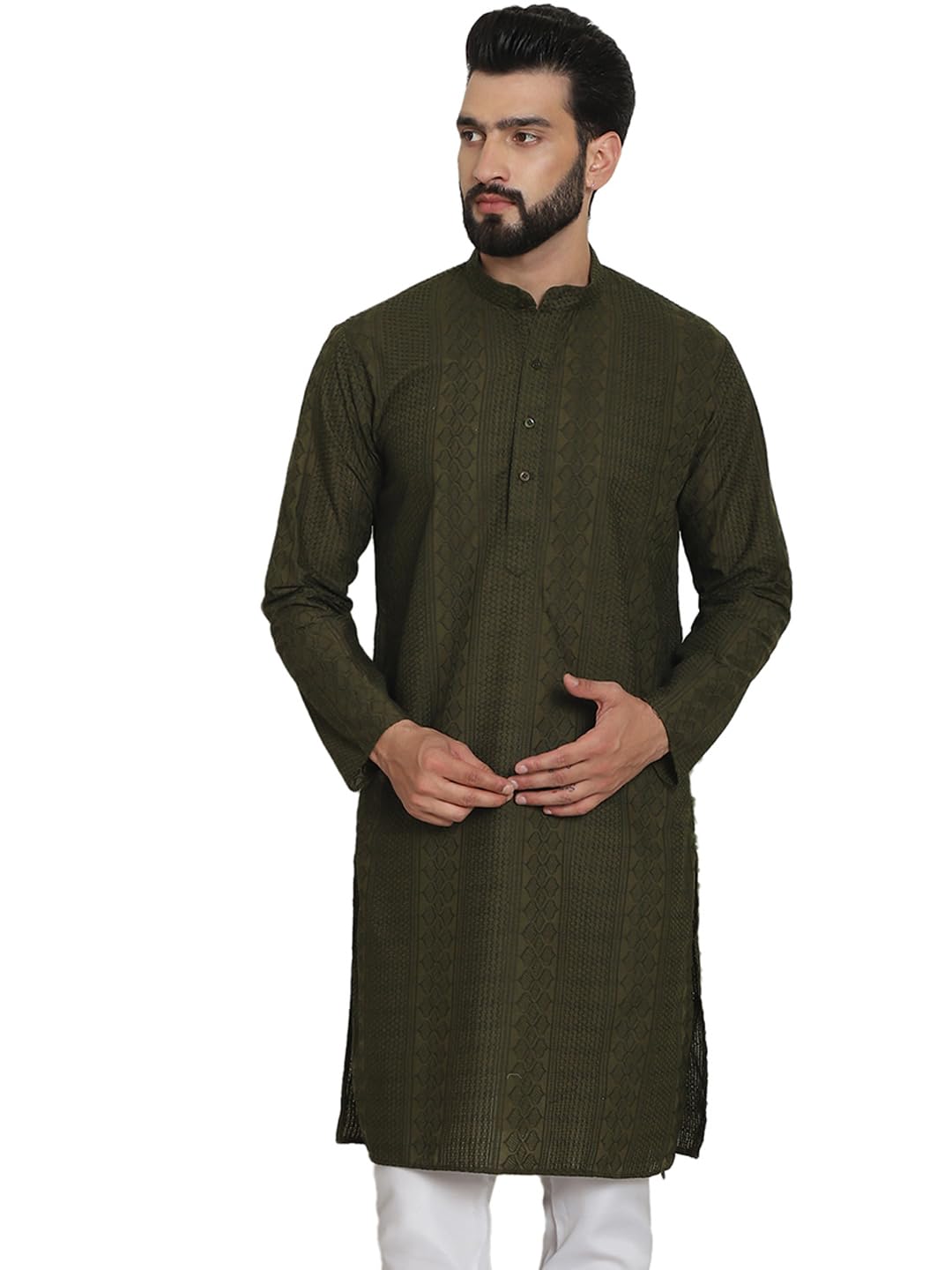 Men's Cotton Regular Fit Casual (Since 1958 Silk Sequinned Neck Embroidered Long Kurta-image-42