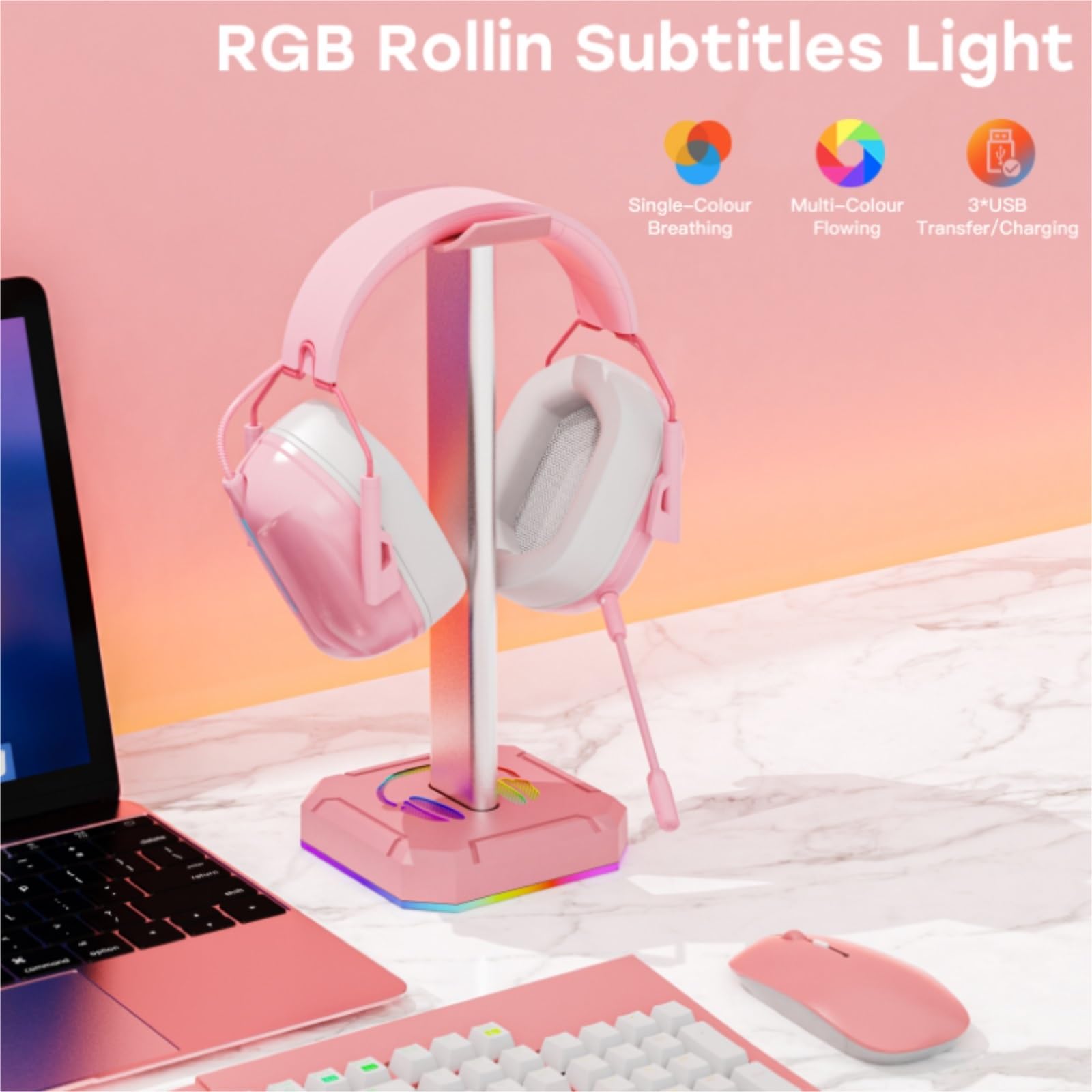Gaming Accessori Supporto per Cuffie con Singola Luce RGB Rotante per Cuffie da Gioco per PC da Scrivania, Lega di Alluminio Stand Over-Ear da Gioco(White)