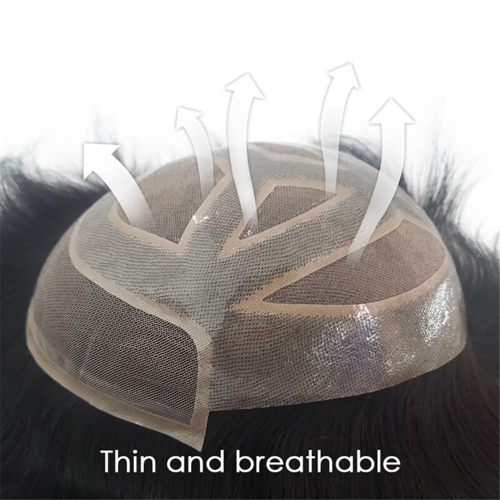 Men's Toupee Parrucca da uomo in capelli umani, traspirante, mono superiore, con perimetro in PU, frontale in pizzo svizzero(2#,6x9)
