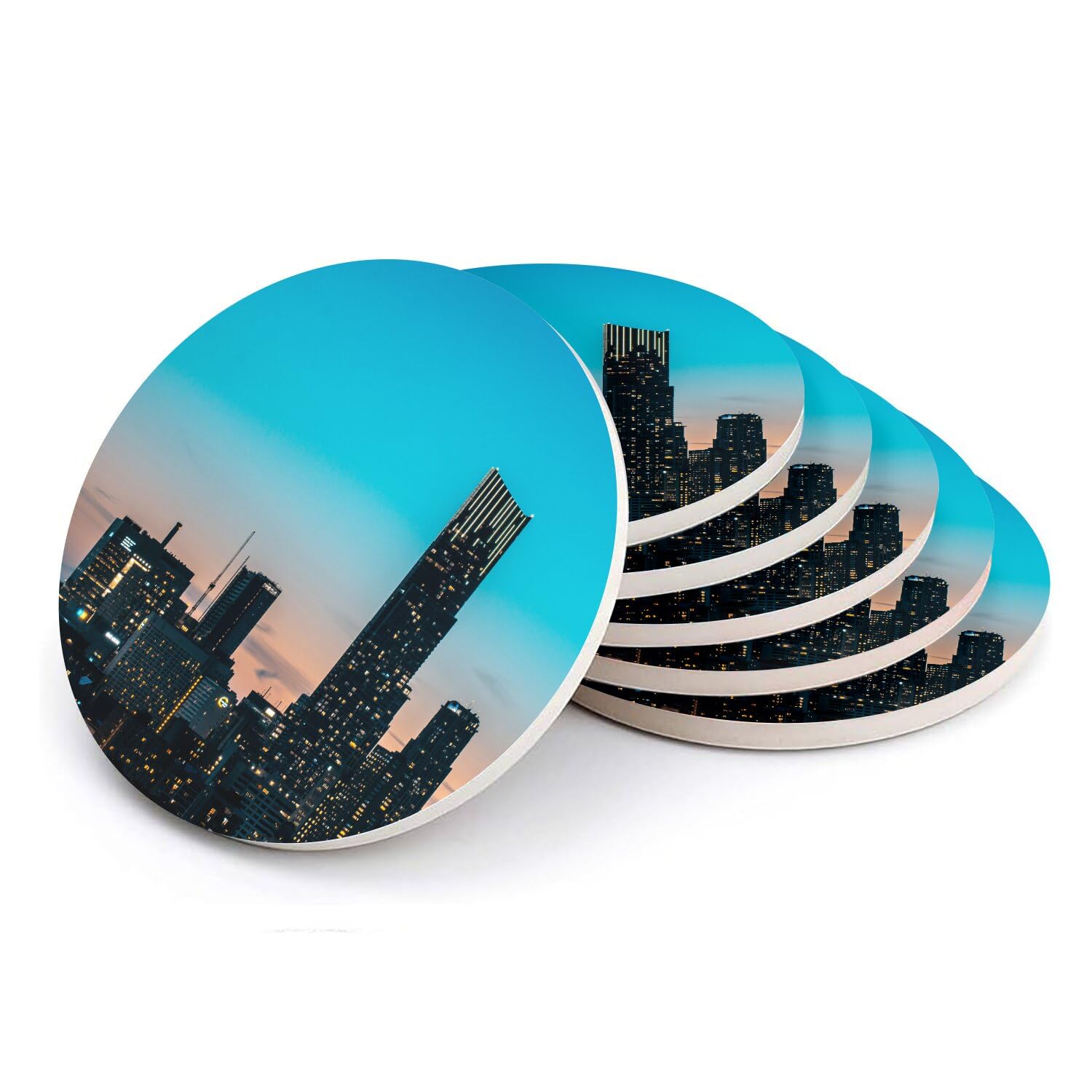 Sous-verre ronds en céramique avec paysage urbain au coucher de soleil, lot de 6 pièces de 10x10 cm