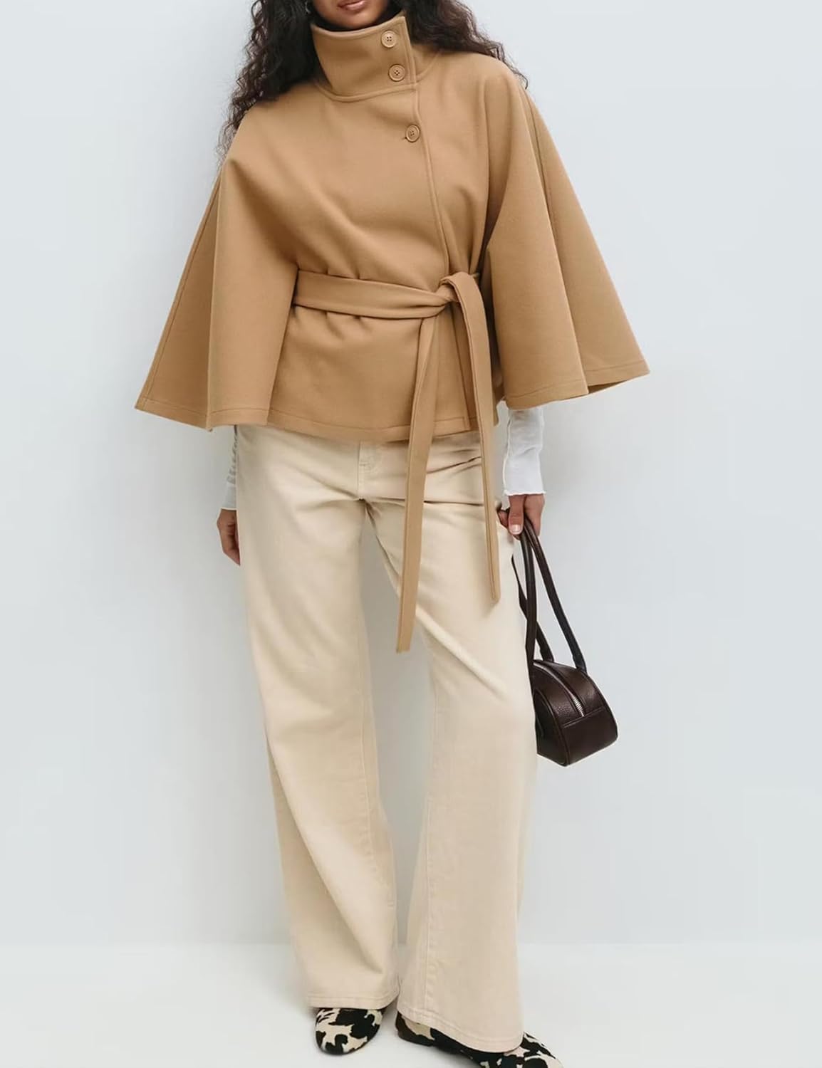 Womens Batwing Sleeve Ponchos Pea Coat Wool Bland Fall Winter Collar Belt Capes Jacket Cropped Overcoat