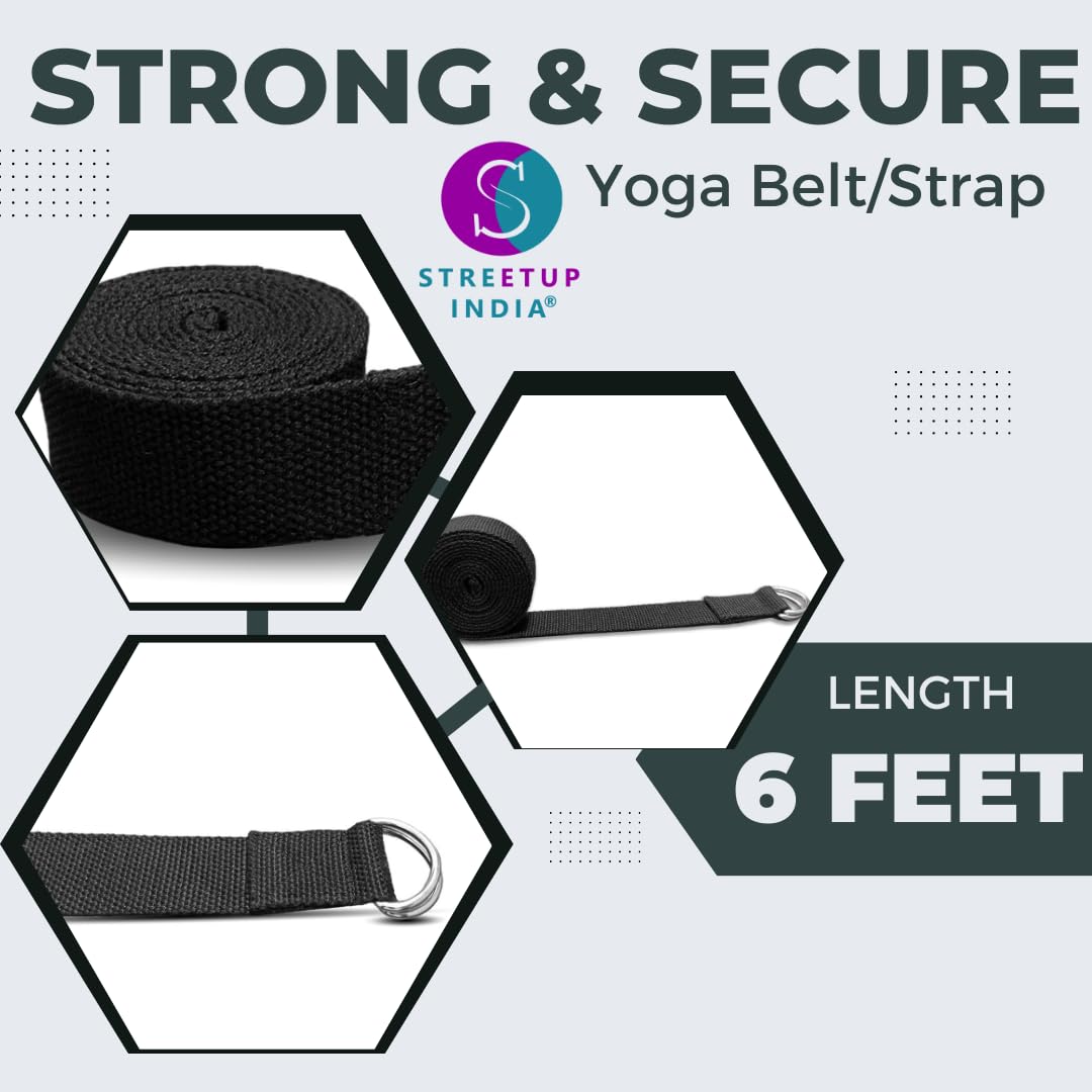 Streetup India® Yoga Belt/Strap 6 Feet For Stretching, Yoga, Pilates, Physical Therapy, Fitness| Pure Cotton (Black) 1