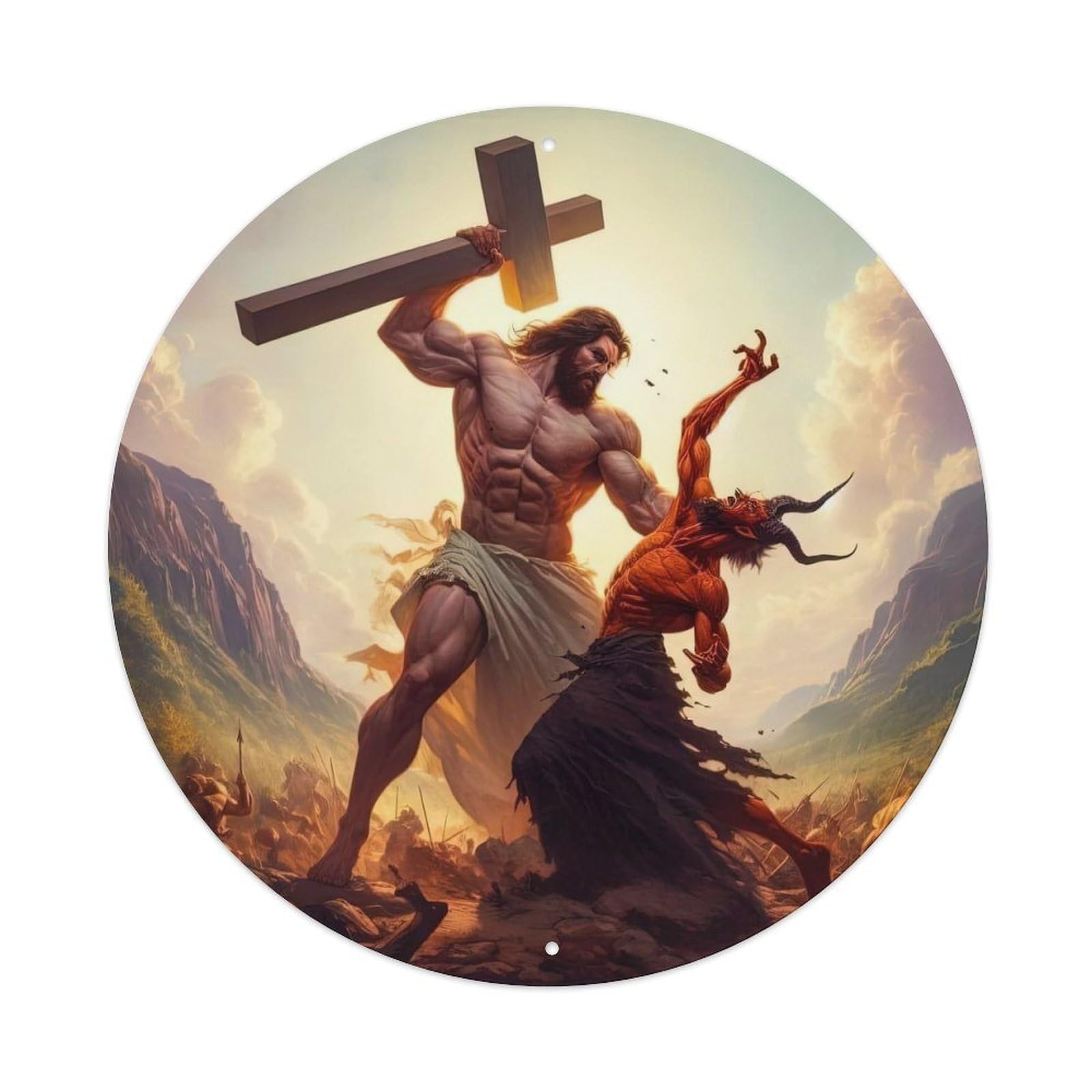 Vintage Christian Jesus Kills The Devil Vintage Metal Tin Sign Plaque Wall Decor for Cafe, Club, Garden Round Metal Poster 8x8Inch