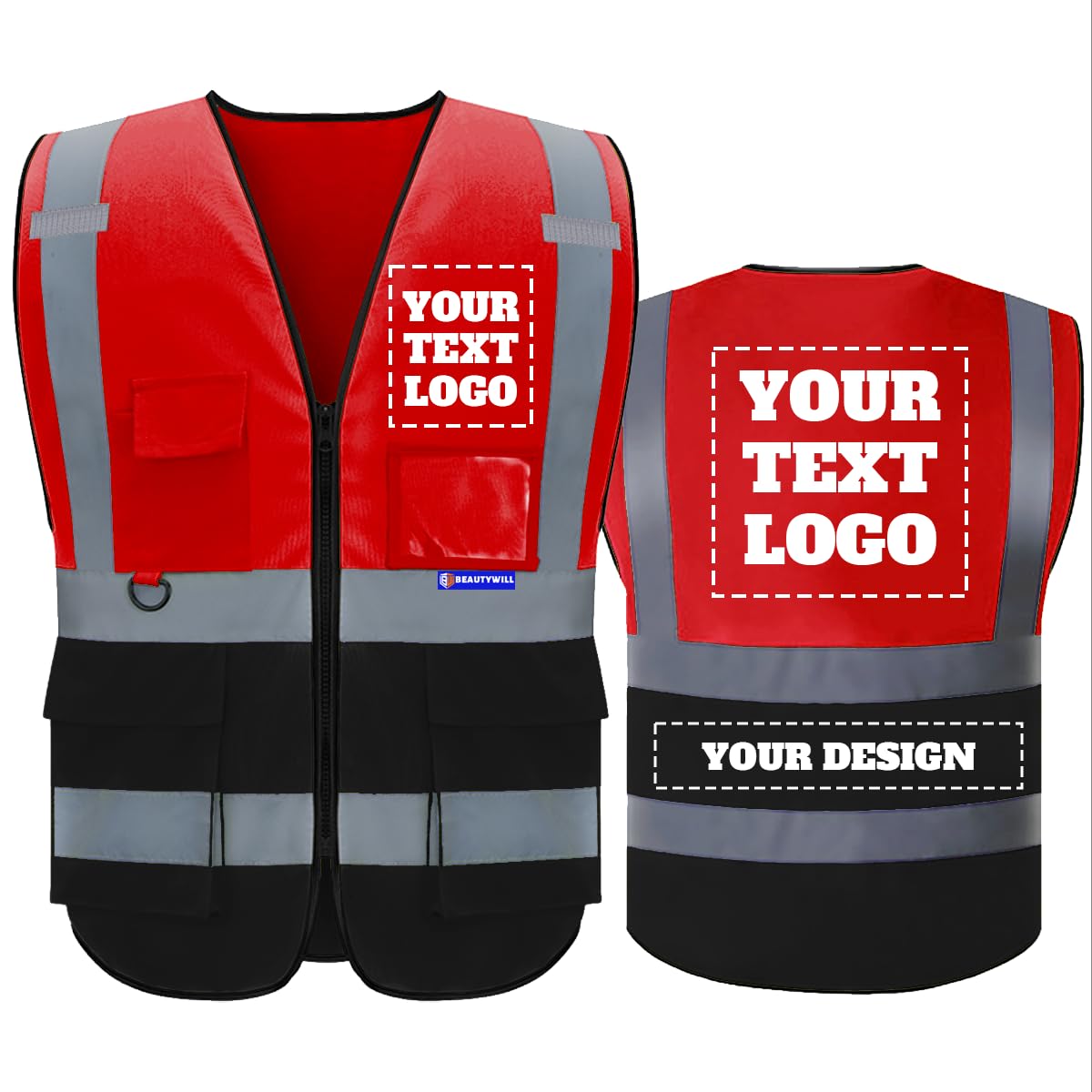 BeautyWill Custom Safety Vest LOGO Customized Hi Vis Reflective 5 Pockets and Zipper High Visibility Vest Class 2 Type R