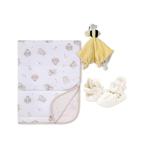 Burt's Bees Baby Set de regalo unisex para bebé manta de jersey reversible, botines ajustables para bebés y juguete de peluche, paquete esencial de