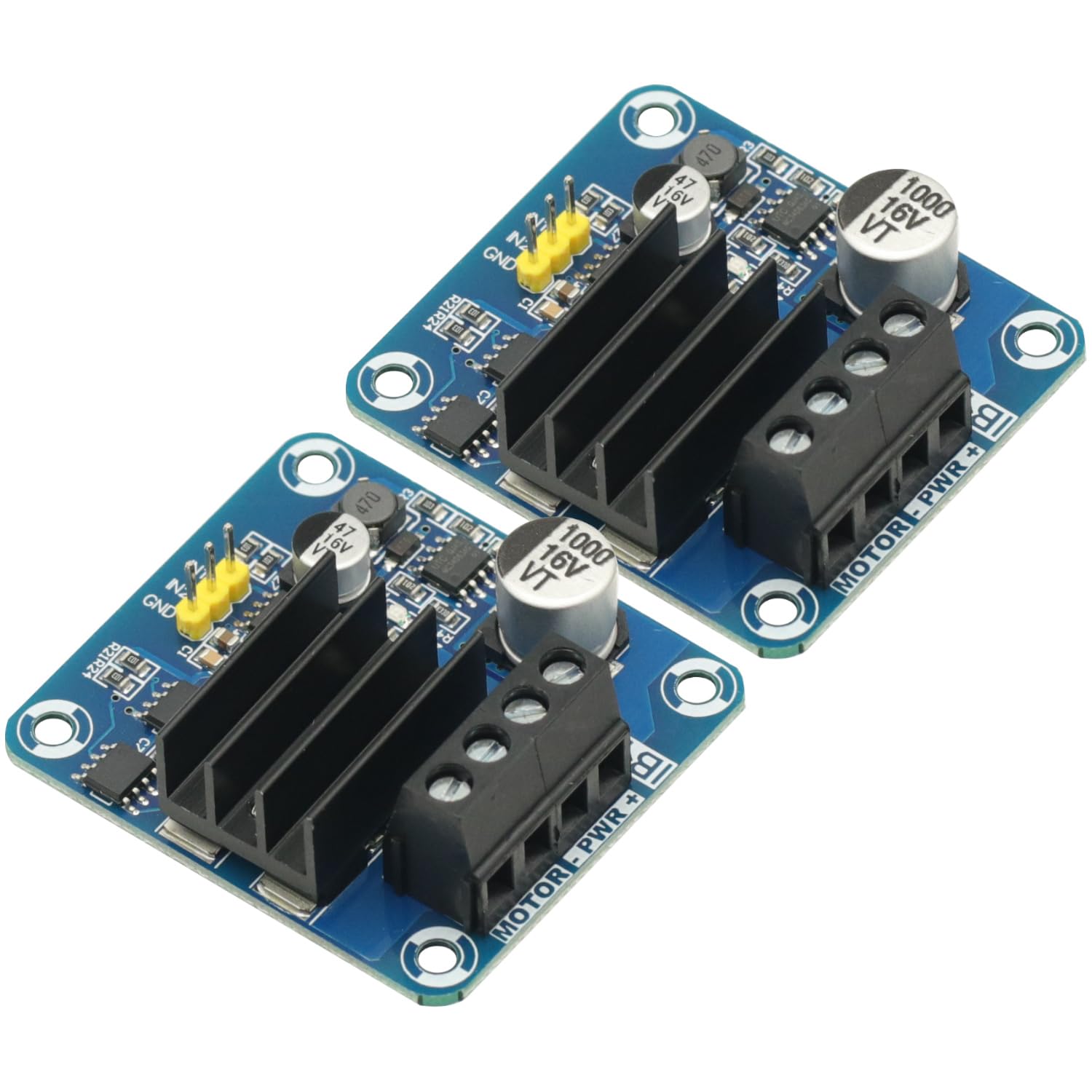 A dalt view of the GODIYMODULES Motor Driver Module showing components and terminals.