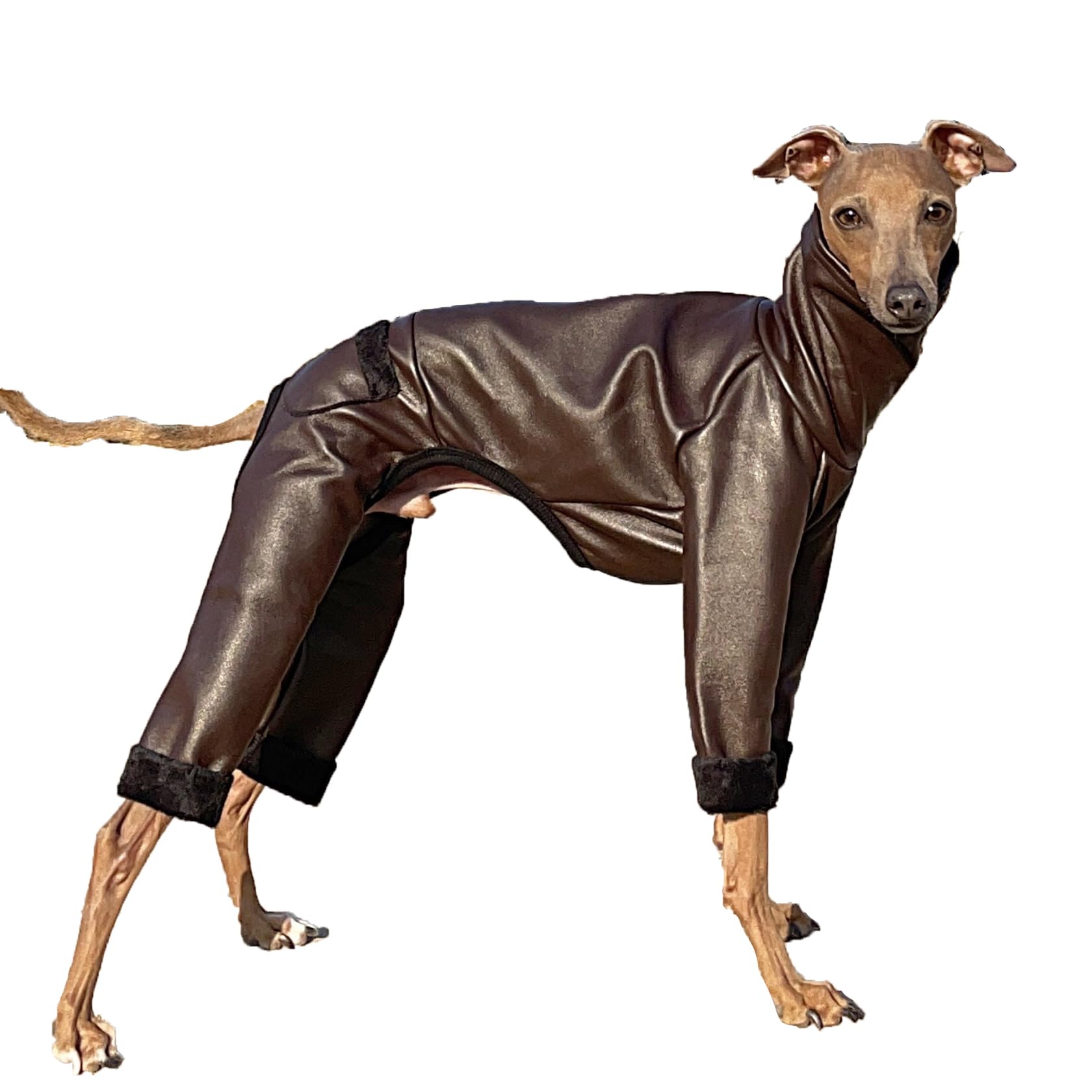 D Doggy Star Italian Greyhound Coat Stretchable Artificial Leather Fleece Lining Clothes Whippet for Dog (M,Leather Brown) — image 1