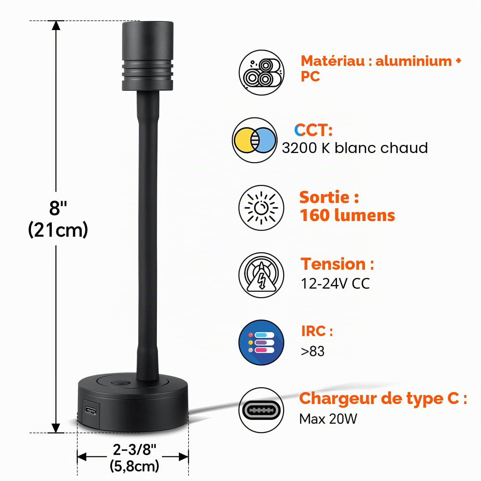 2 x Lampe de Lecture 12V LED Spot Flexible Col de Cygne Noir Réglable Applique Murale DC 12V-24V 3200K pour Camping-Car Bateau Caravane Voiture Camion, Chargeur Type-C intégré & Variateur