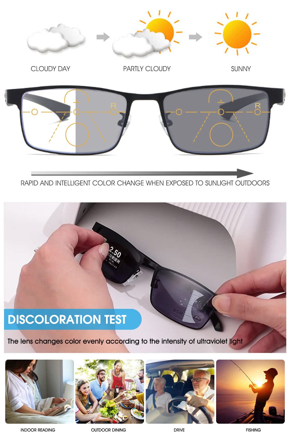VEVESMUNDO Selbsttönende Lesebrille Sonnenlesebrille Getönt Metall Multifokale Lesehilfe Sehhilfe Blaulichtfilter Gleitsichtbrille mit Sonnenschutz für Damen Herren