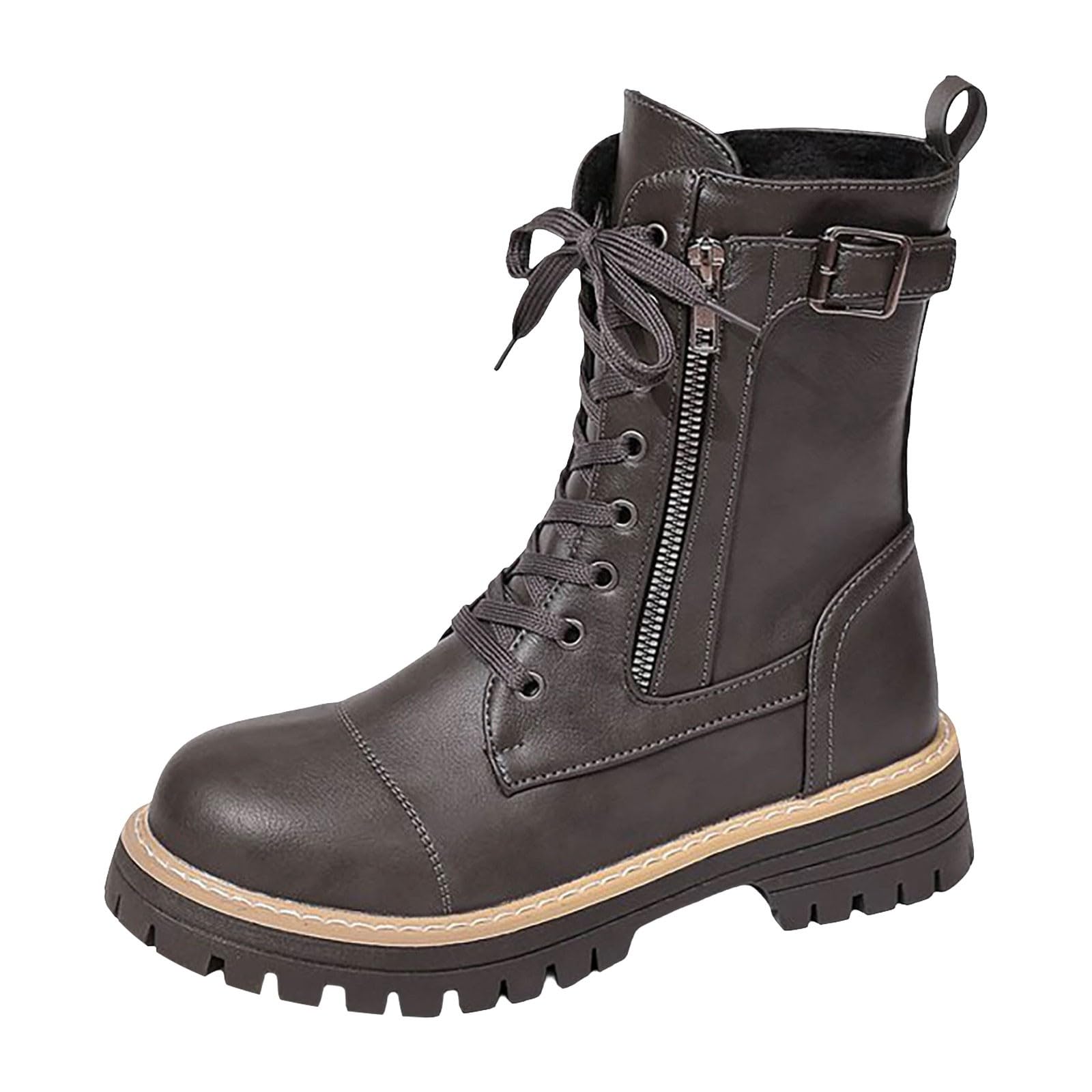 Womens Ankle Boots Mid-Calf Chunky Heel Waterproof Western Boots Plush Lined Lace Up Side Zipper for Women Walking