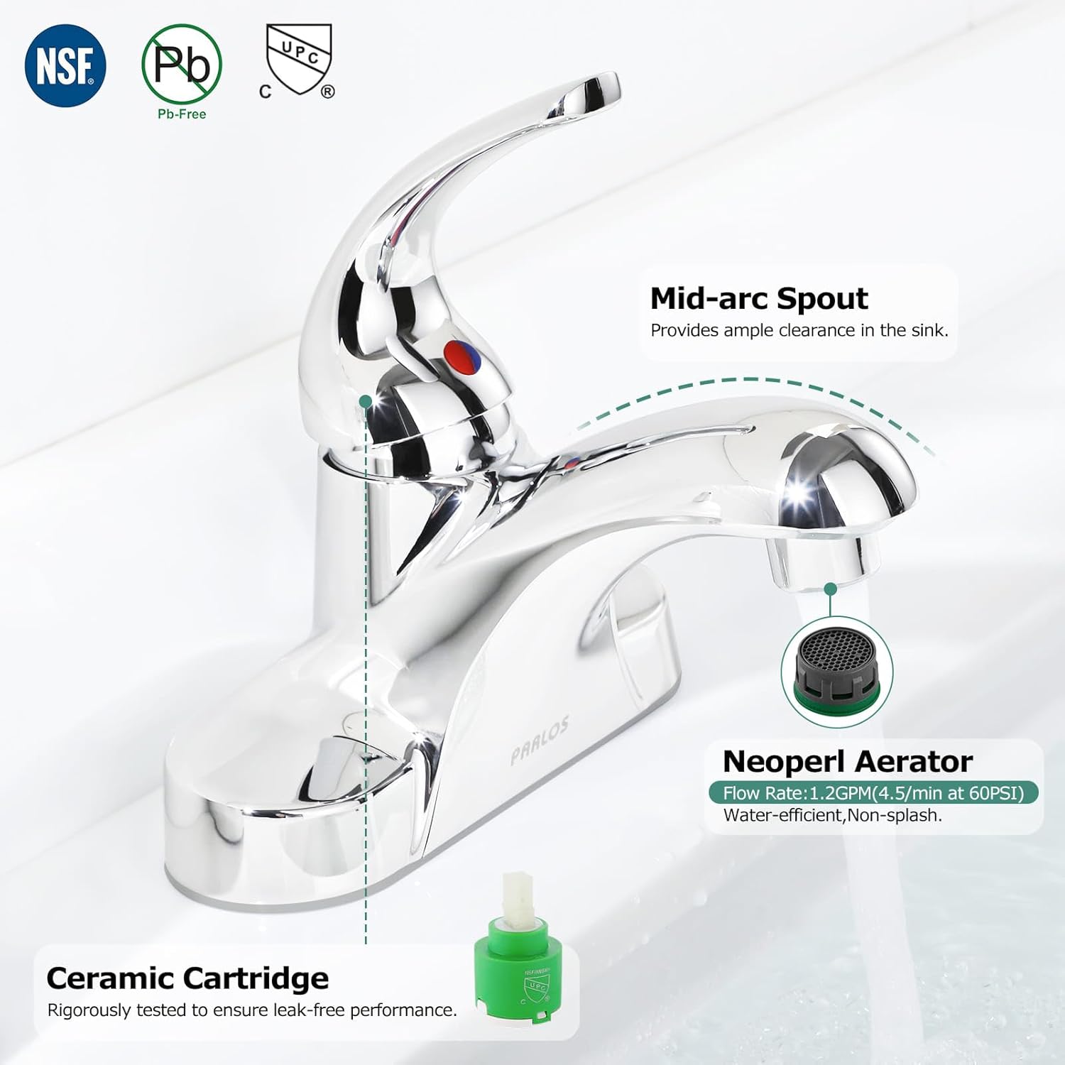 PARLOS Single Handle Mid Arc Centerset Bathroom Sink Faucet with Metal Drain Assembly and cUPC Faucet Supply Lines, Lead-Free, Chrome 13433