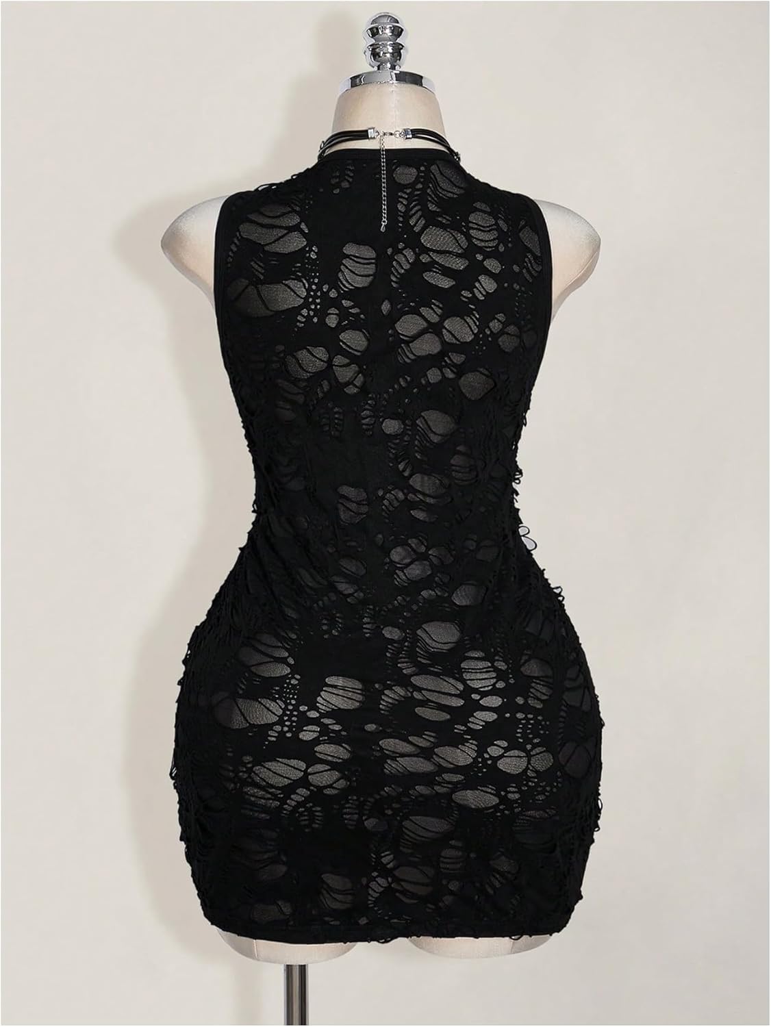 Women's Plus Size Ripped Bodycon Tank Dress Gothic Distressed Crew Neck Sleeveless Mini Dresses - Image 4