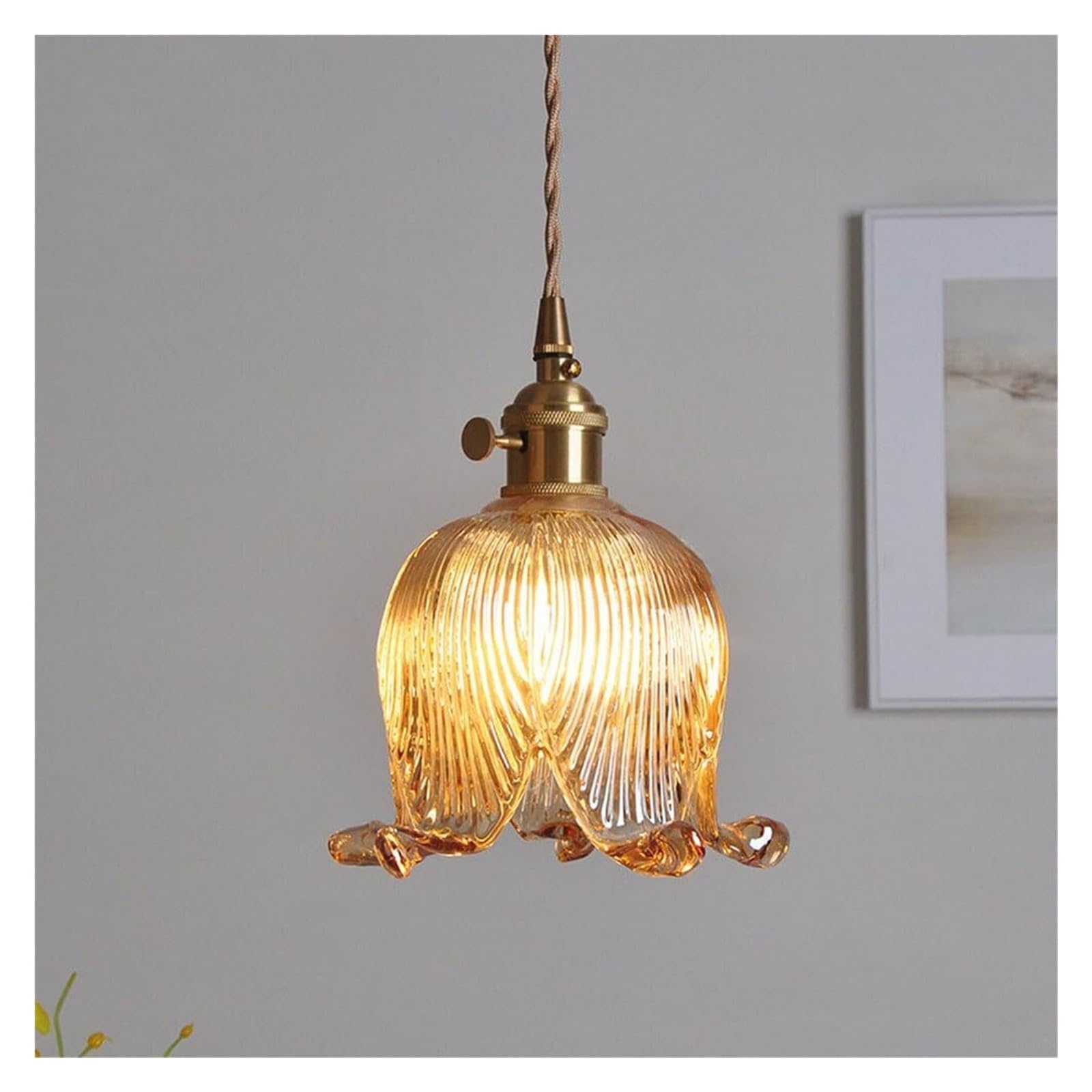 KHUKHU Glass Flower Pendant Light Lily of The Valley Decorative Chandelier with Adjustable Cable E27 Lamp Holder Single Lamp Light Fixture, Amber