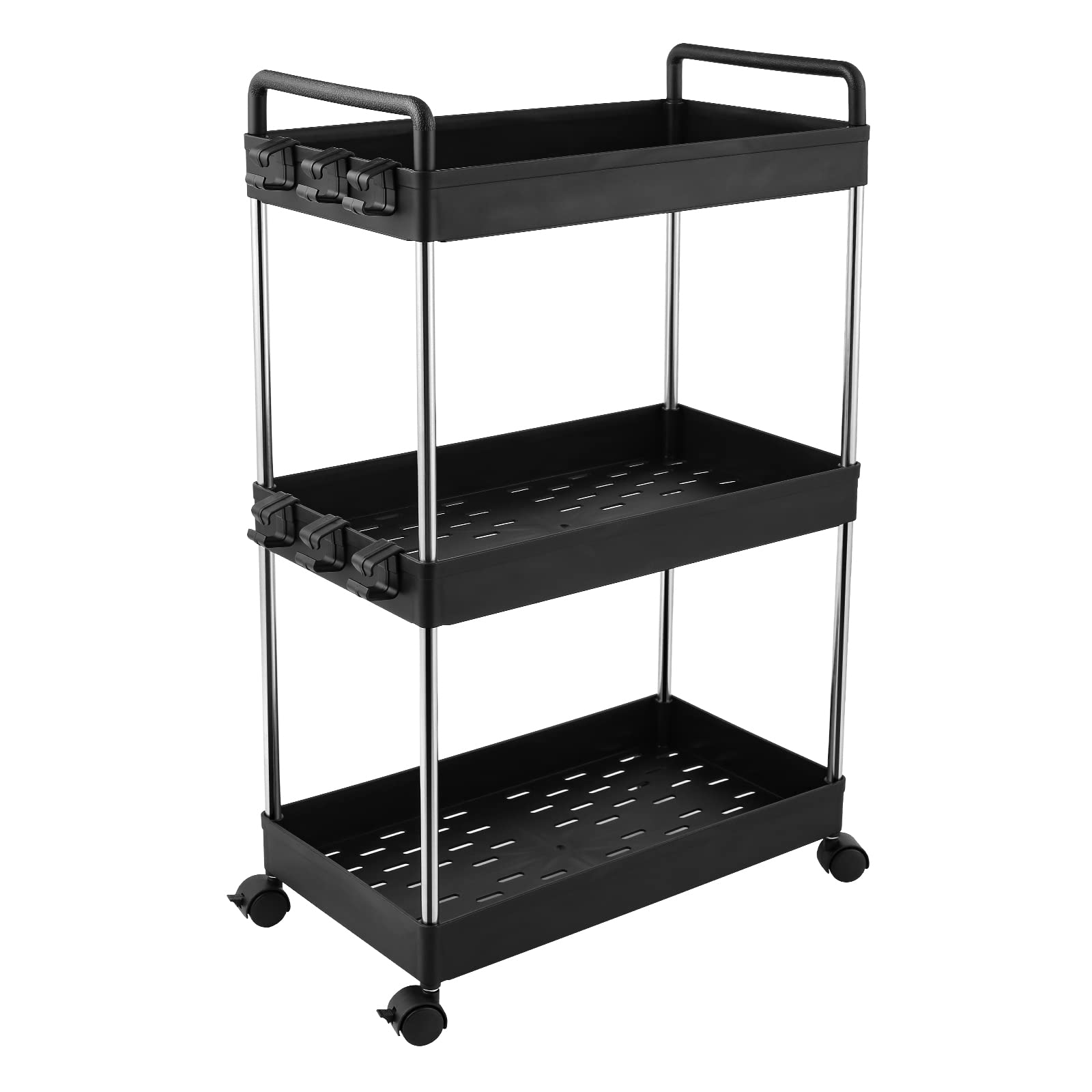 3-Tier Storage Trolley Slide Out Rolling Utility Shelf Rack Storage Cart on Wheels Multi-purpose Shelving Unit Organizer for Kitchen/ Bathroom/ Laundry Room/ Office,Plastic & Stainless Steel(Black)
