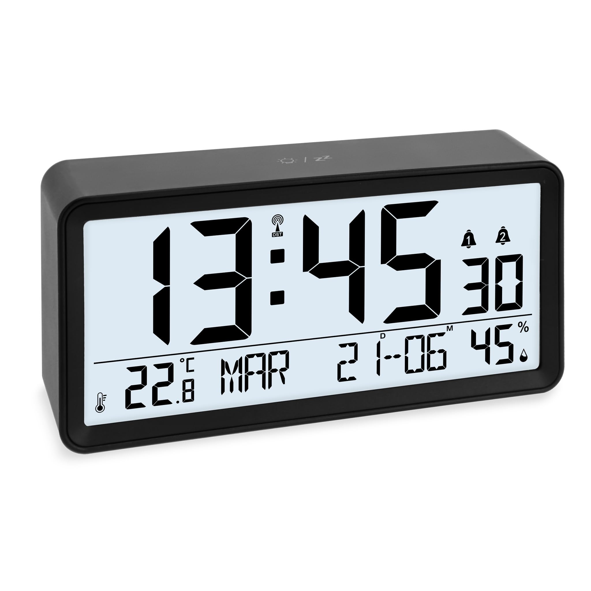 ADE Sveglia digitale radiocontrollata con cifre XXL | Orologio da tavolo  con calendario | visualizzazione della temperatura e dell'umidit� | 2 orari  di sveglia e funzione snooze | nero : Amazon.it: Casa e cucina
