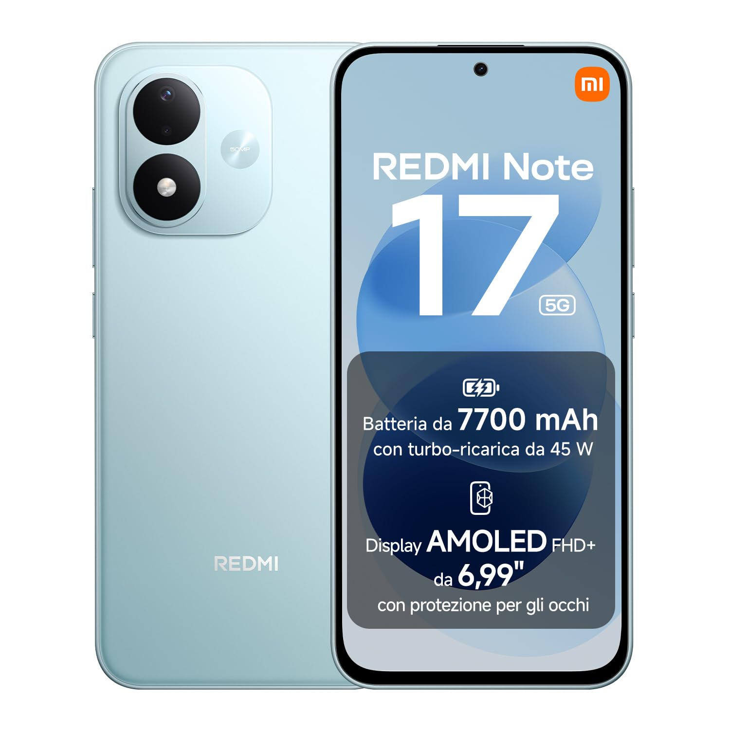 REDMI Note 17 5G, Smartphone 6+256GB, Sky Teal, Batteria da 7700 mAh | Snapdragon® 4 Gen 4, Ricarica Turbo 45W, Display AMOLED FHD+ 6,99" Protezione Occhi, Xiaomi HyperOS, IP65, Fotocamera 50MP