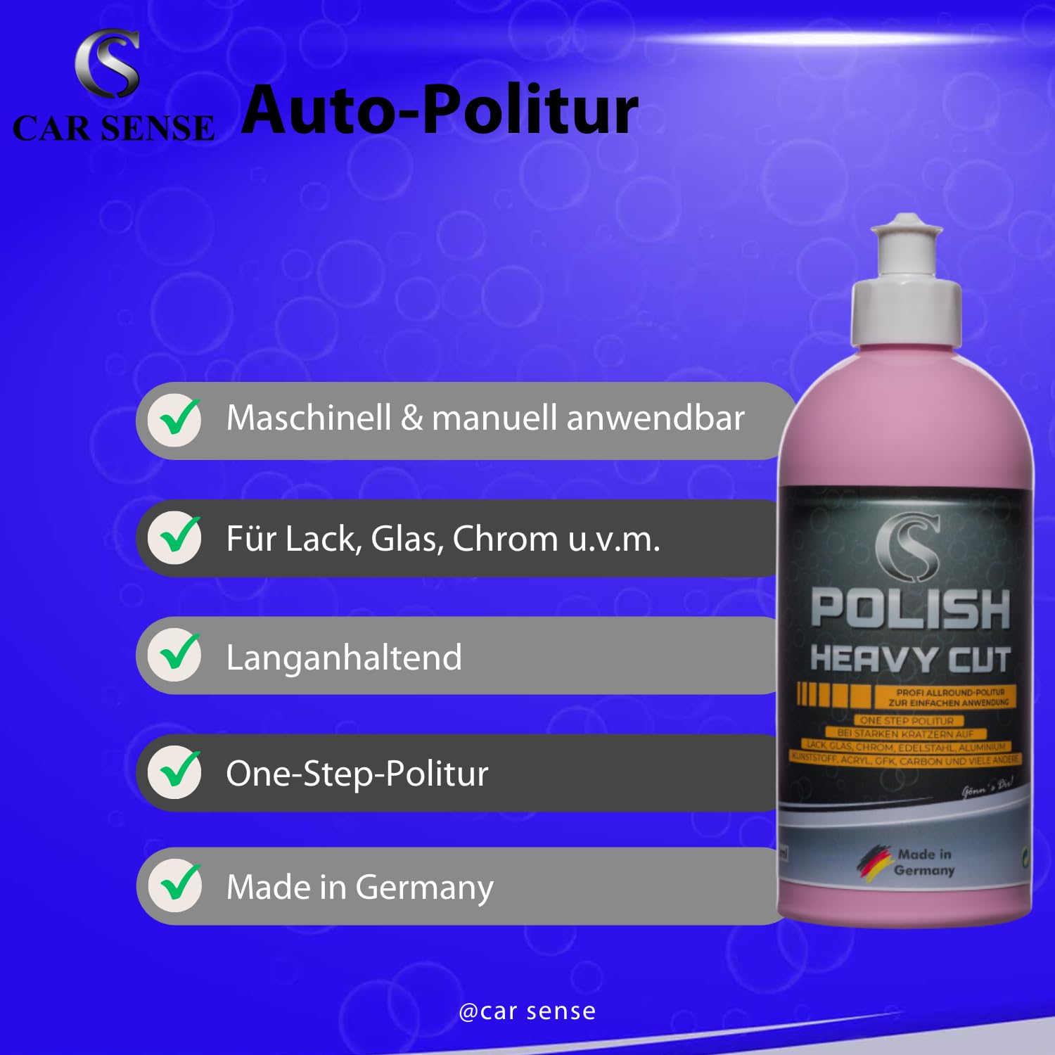 Car Sense Polish Heavy Cut [1000ml] Autopolitur für Tiefe Kratzer farbe weiß I Entfernt Kratzer, Gebrauchsspuren, Vermattungen - Hologrammfreies Ergebnis - Für Handpolitur und Poliermaschine