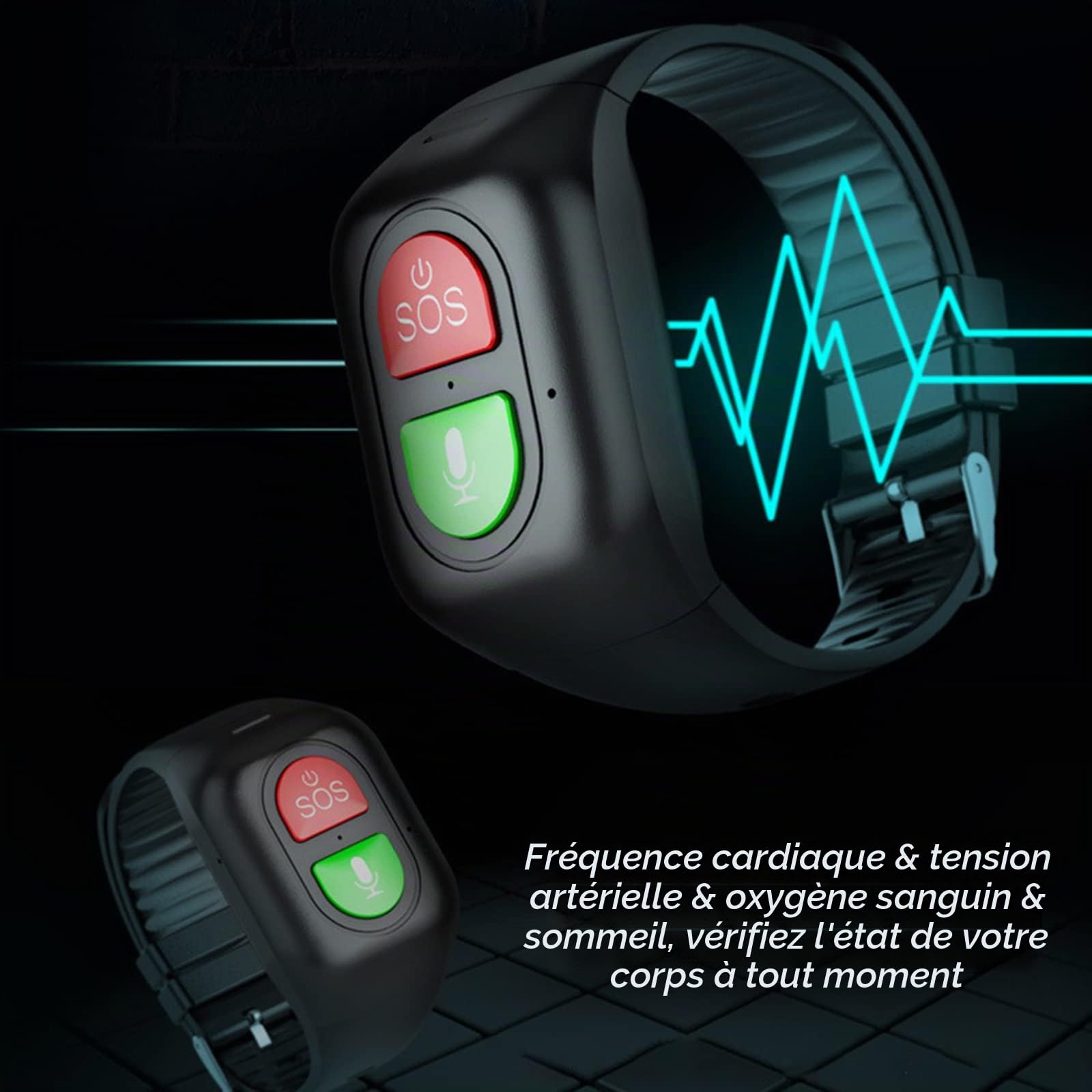 Bracelet Sos Montre De Téléphone Étanche Intelligente Anti-Perte Tracker GPS avec Détecteur de Chute Bouton Panique SOS Téléphone étanche pour Android iOS (Noir)