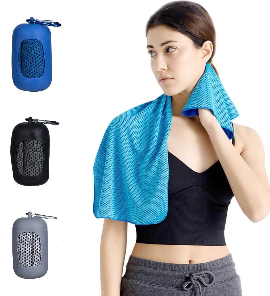 Instant Cooling Sports Towel - Quick-Dry with Lockable Silicone Case, 35.4" x 11.8" (Folds to 3.9" x 2" x 2") Grey