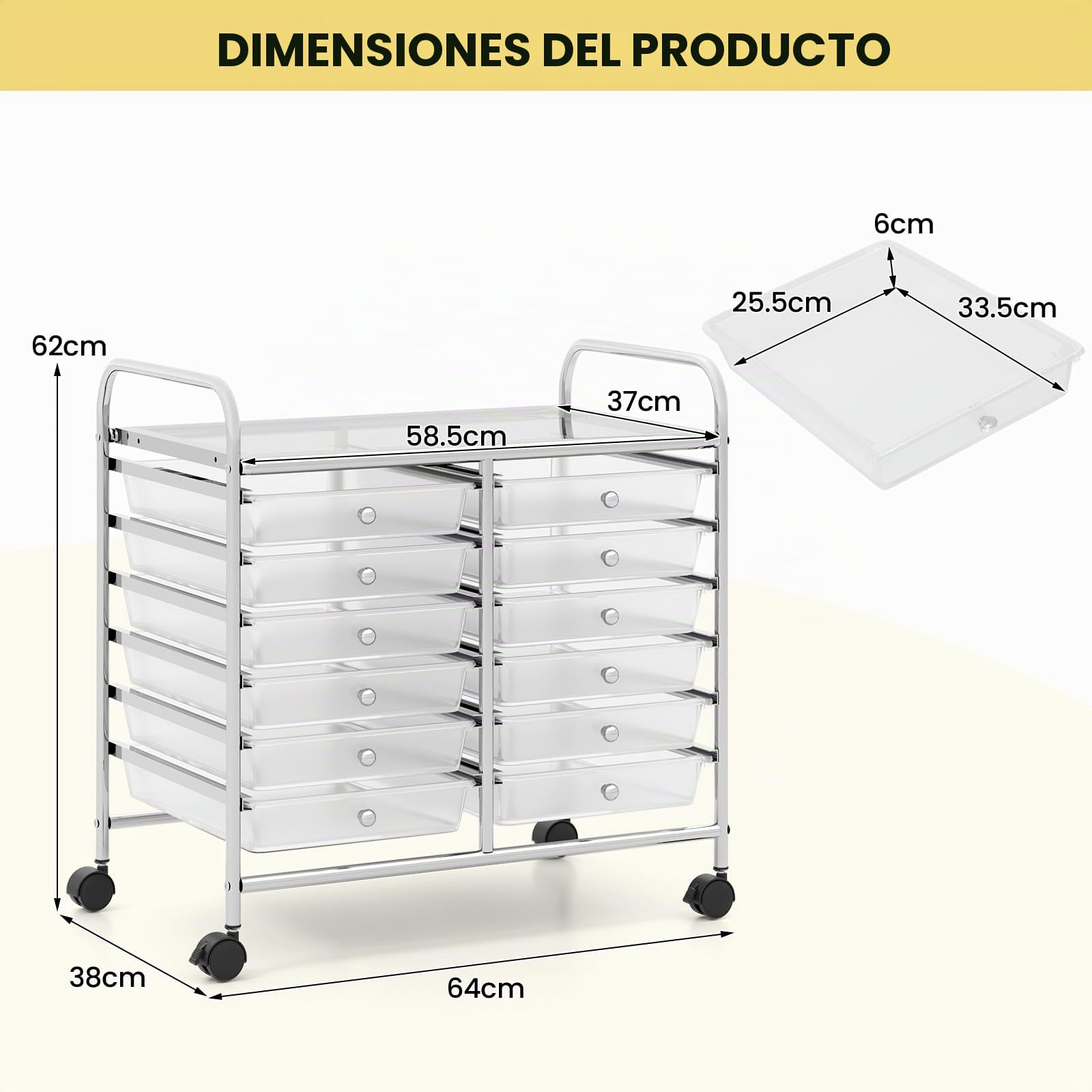 GIANTEX Carro de Almacenamiento con 12 Cajones Plásticos, Cajonera con 4 Ruedas 360°, 2 Bloqueables, 64 x 38 x 62 cm, Carrito Auxiliar para Salón, Cocina, Baño (Transparente)
