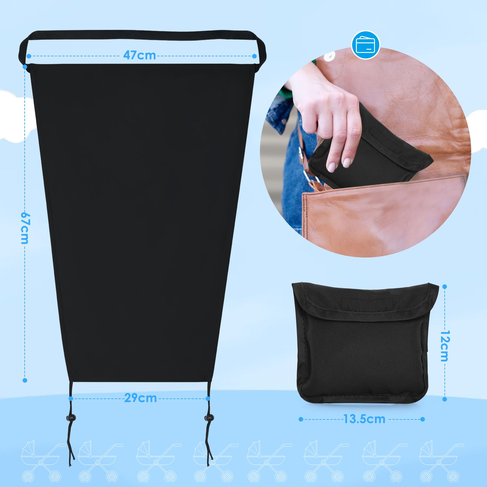 Bighan Pram Sun Shade Sunshade Cover Windproof and Waterproof Buggy Sun Shade for Baby Stroller Black - Image 3