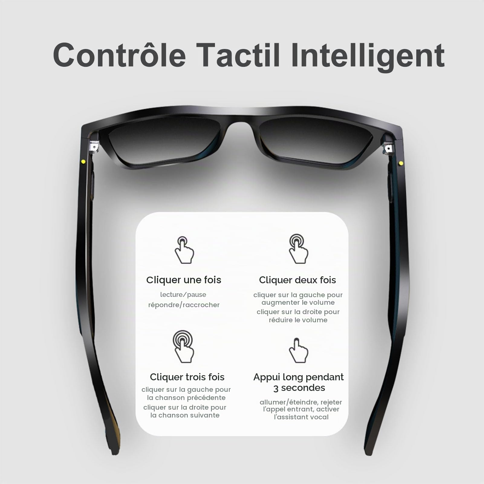 Lunettes Connectées tactil Contrôle Homme Femme Smart Glasses Lunettes Intelligentes Ecouteur sans Fil Smart Glasses pour Android iOS Musique Telephone Sport Velo Assistant Vocal Etanche
