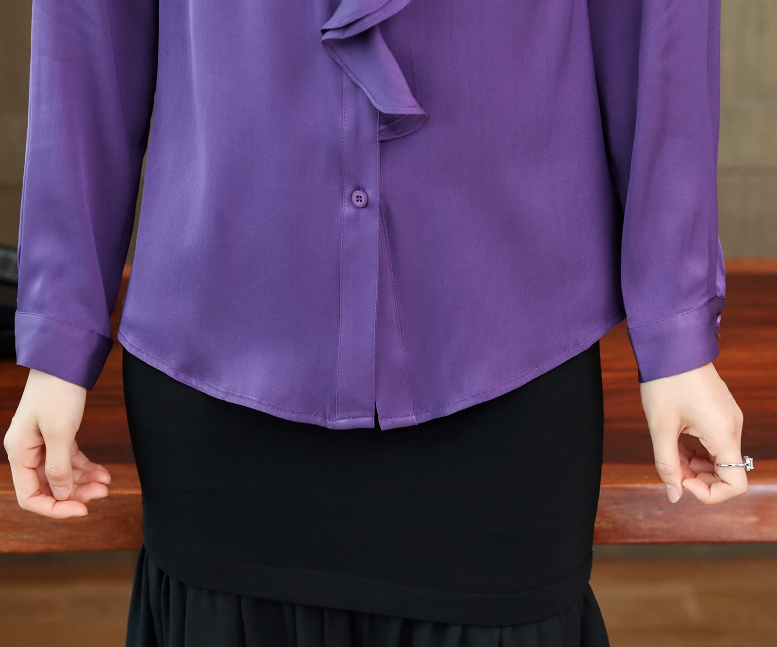 E-girl Blusa de seda para mujer, camisa de seda sólida, con botones, manga larga, cuello alto, blusa de seda, S3391