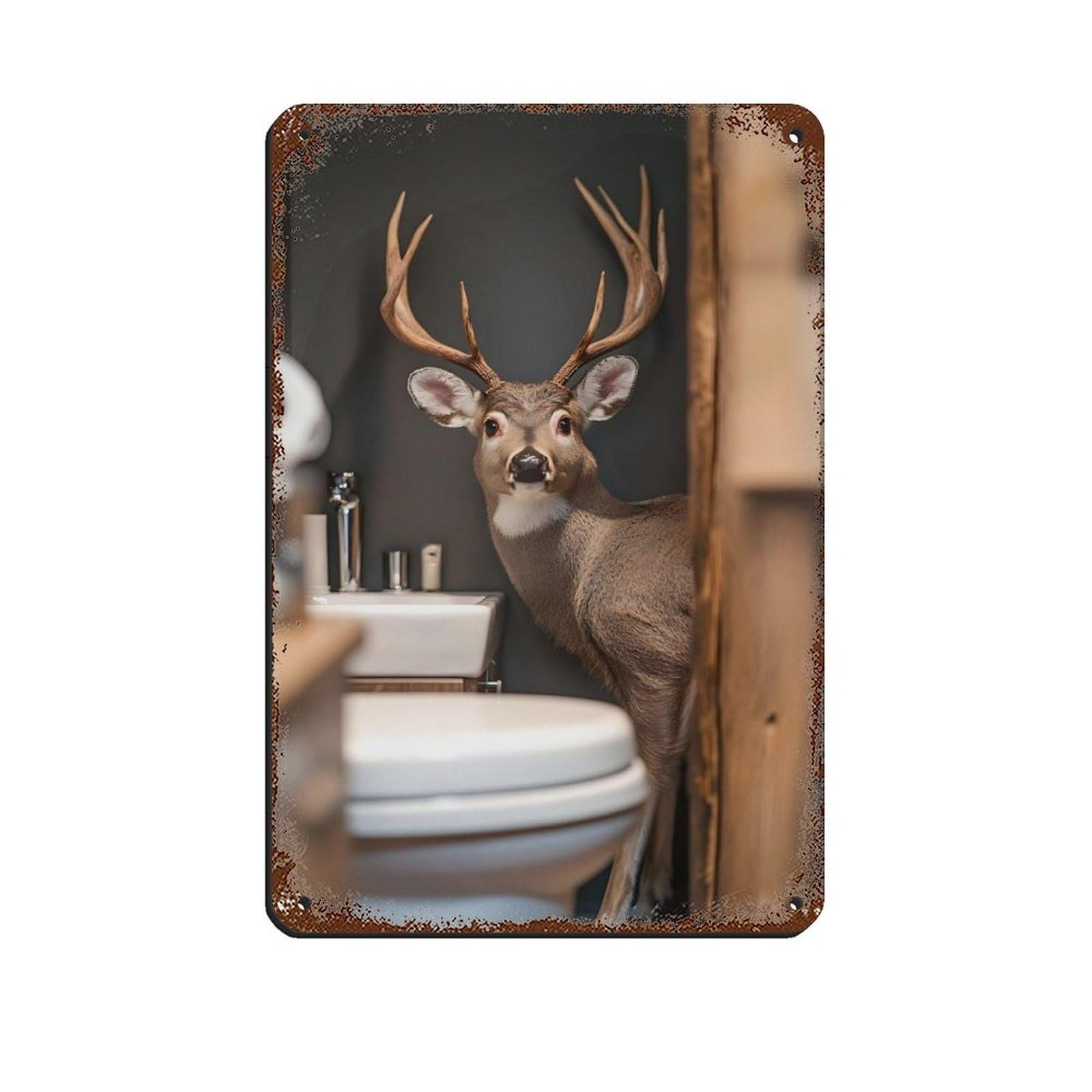 Deer in Bathroom, Funny Deer Retro Poster Metal Tin Sign Chic Art Retro Iron Painting Bar People Cave Cafe Family Garage Poster Wall Decoration 8x12inch(20x30cm)