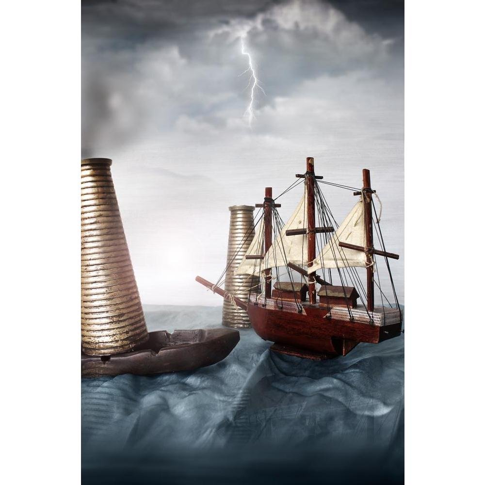 Pitaara Box Miniature Ship In An Ocean | Unframed Canvas Painting for Bedroom & Living Room | 18 x 27 inch (46 x 69 cms)