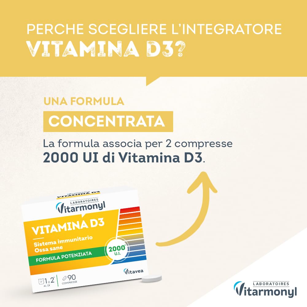 Vitamina D3 - Formula Potenziata 2000 UI - Integratore Difese Immunitarie - Assorbimento Calcio e Fosforo, Salute Ossa, Denti e Muscoli - Sistema Immunitario - 90 Compresse - Vitarmonyl