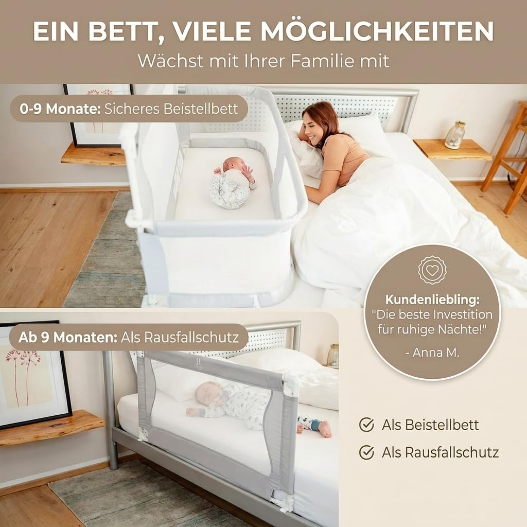 BabybeFun Beistellbett Baby [Stillen im eigenen Elternbett] Babybett für Boxspringbett und normales Bett mit Überrollschutz [Extra Sicher] Rausfallschutz Bett | Kinderbett Alternative