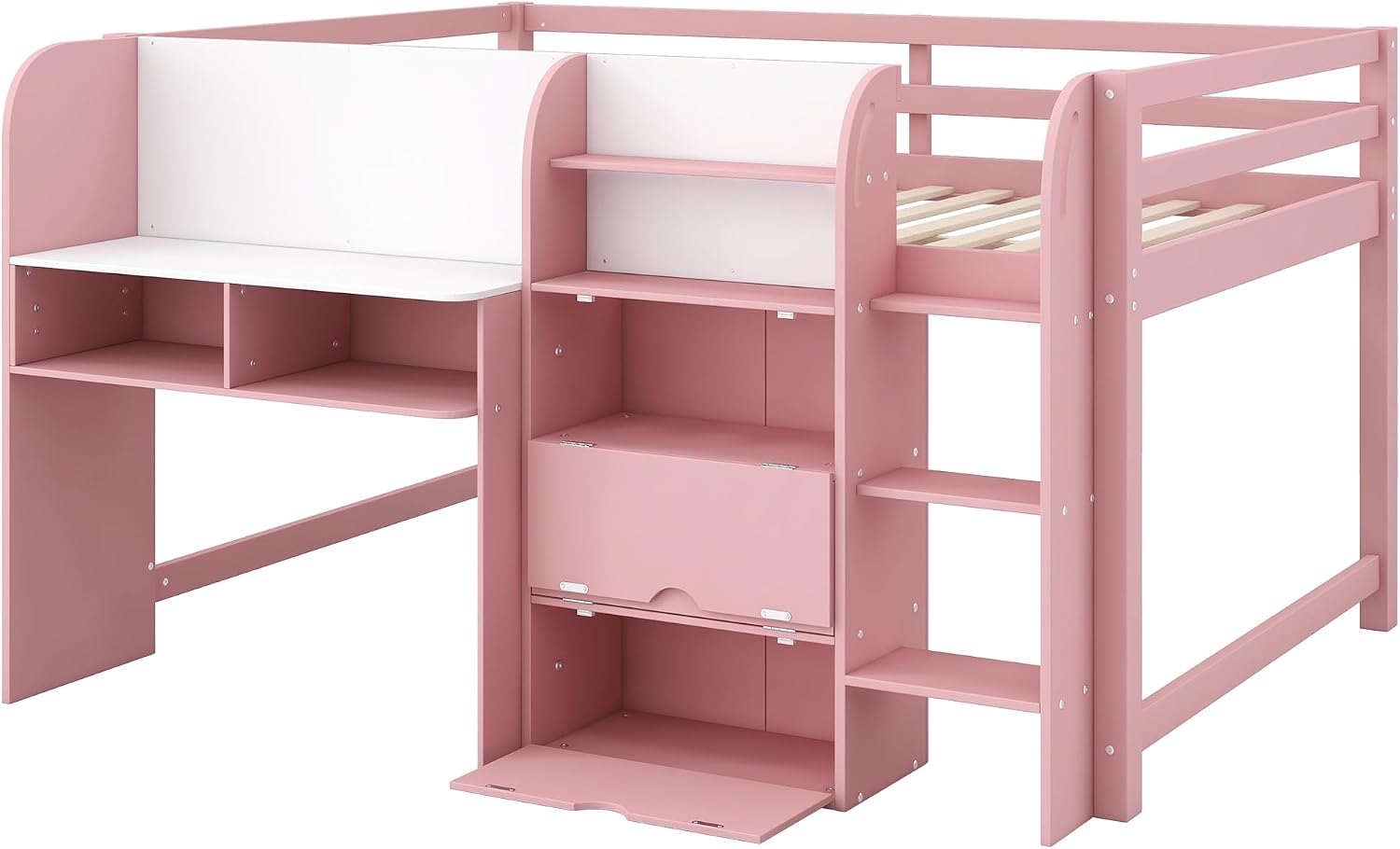 Low Loft Bed Full Size with Built-in Desk and Two Open Bookcase, Kids Loft Beds with Storage Cabinets and Doodle Whiteboard, Loft Beds for Kids with Full-Length Guardrail,Pink