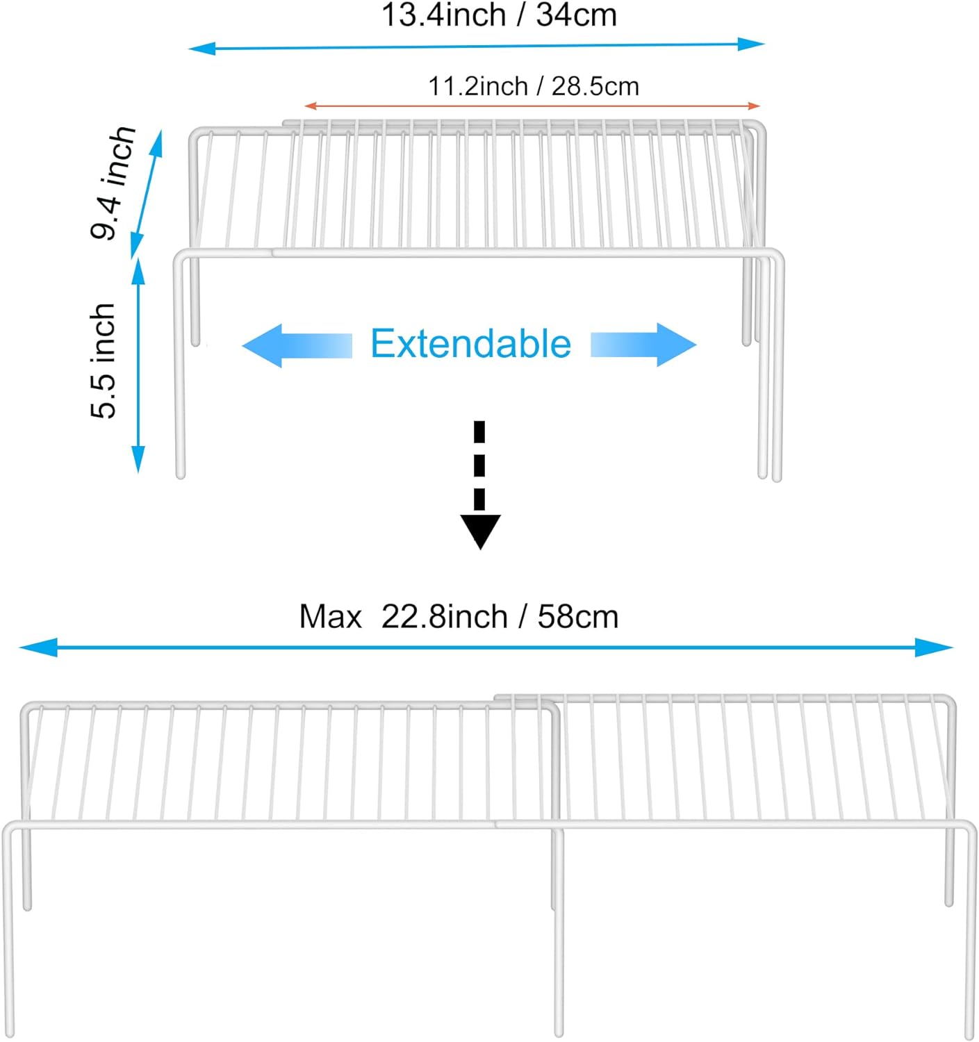 iPEGTOP Expandable Freezer Cabinet Storage Shelf, 2 Pieces Rustproof Spice Rack, Adjustable Kitchen Organizer Counter Fridge Pantry Shelf Space Saver (White)