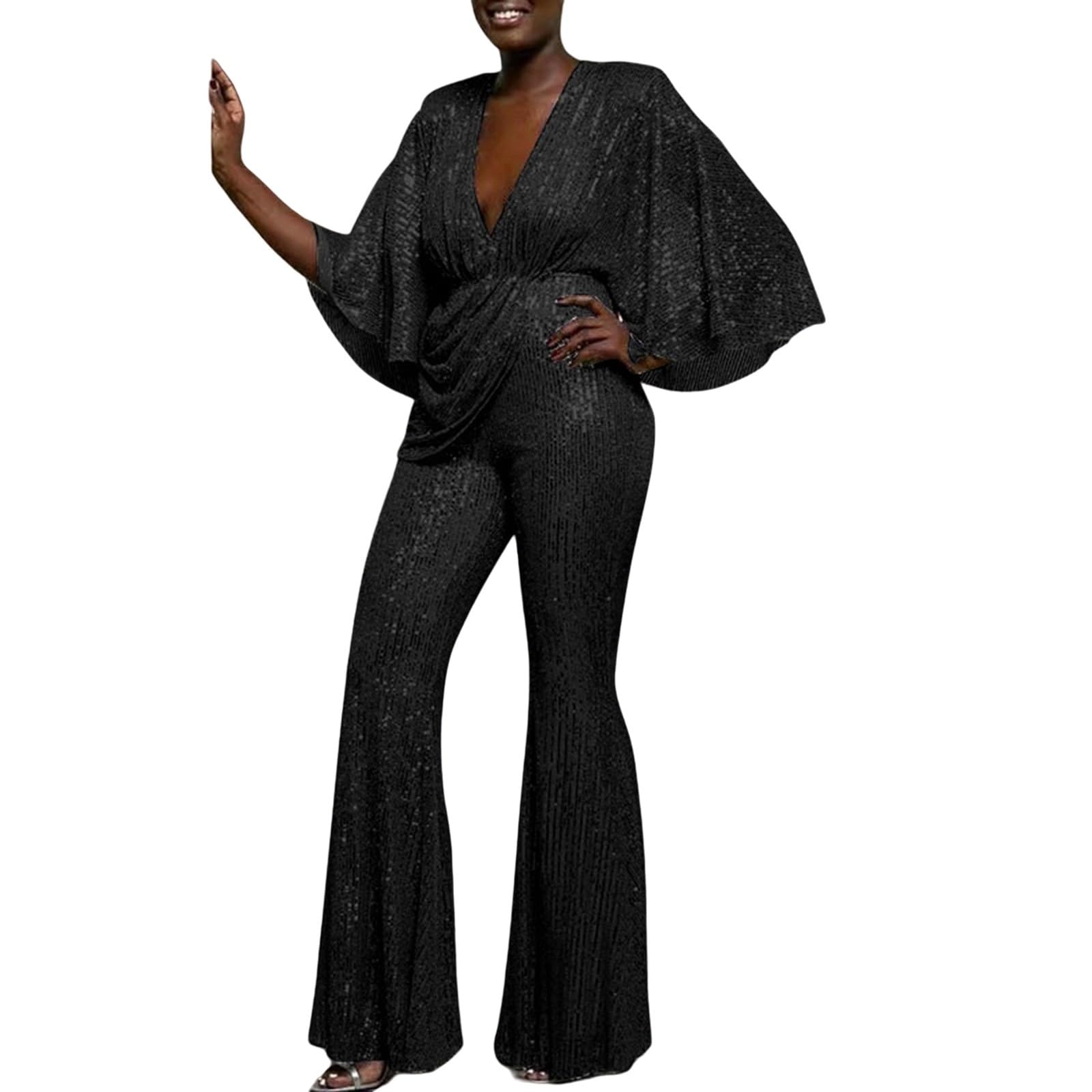 Jumpsuit Damen Elegant, Ganzkörperanzug Damen Eng Pailletten Hosenanzug | Größen Business Overall V-Ausschnitt Glitzer Playsuit Langarm Streetwear Vintage Glitzer-Hosenanzug
