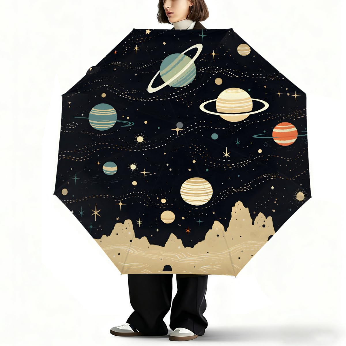 Ombrello pieghevole astratto a mano Universo ombrello da viaggio compatto antivento impermeabile con protezione UV rivestimento nero leggero 8 coste portatile per pioggia sole